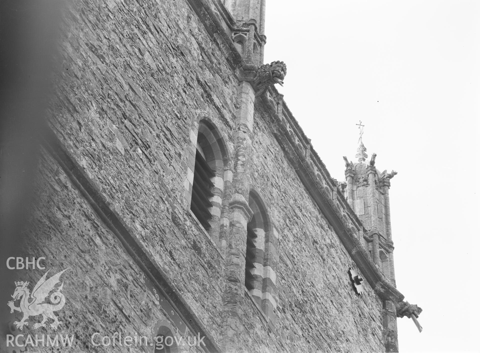 Digital copy of a black and white acetate negative showing detail view of windows at St. David's Cathedral, taken by E.W. Lovegrove, July 1936.