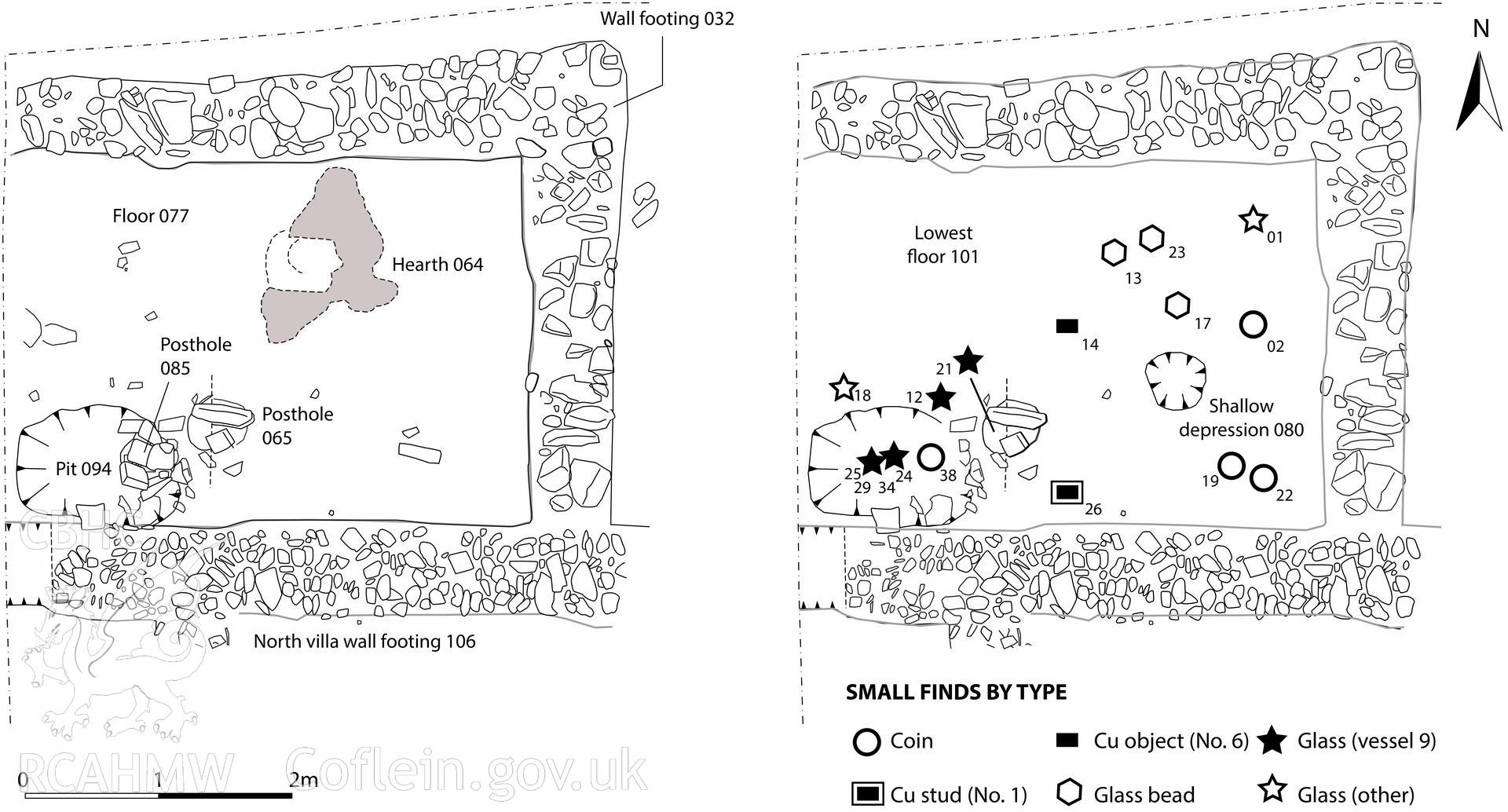 Arch Camb 167 (2018) 143-219. "The Romano-British villa at Abermagwr, Ceredigion: excavations 2010-2015" by Davies and Driver. Web-friendly .tif version of Fig 12. Plans of room 6 as excavated.