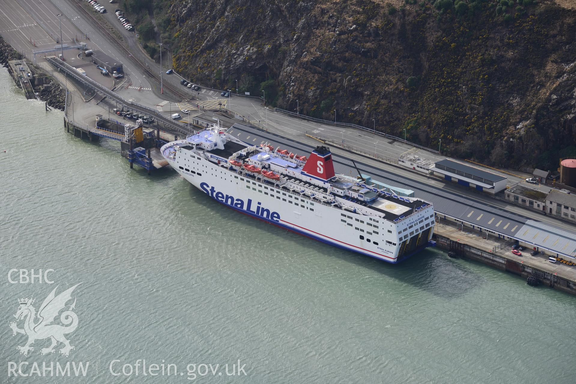 The ferry terminal at Fishguard harbour. Oblique aerial photograph taken during the Royal Commission's programme of archaeological aerial reconnaissance by Toby Driver on 13th March 2015.