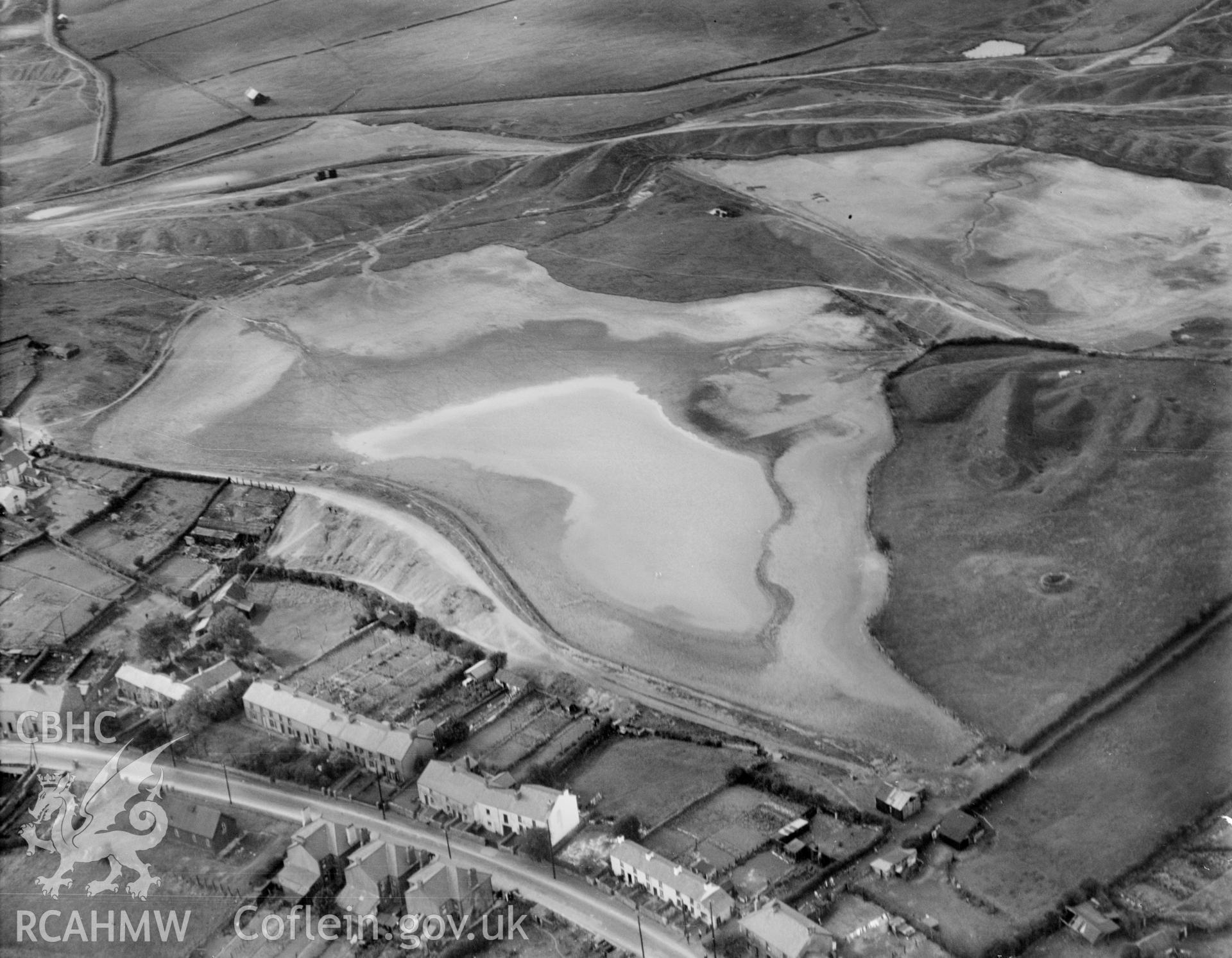 View of reservoir near Brynmawr, oblique aerial view. 5?x4? black and white glass plate negative.