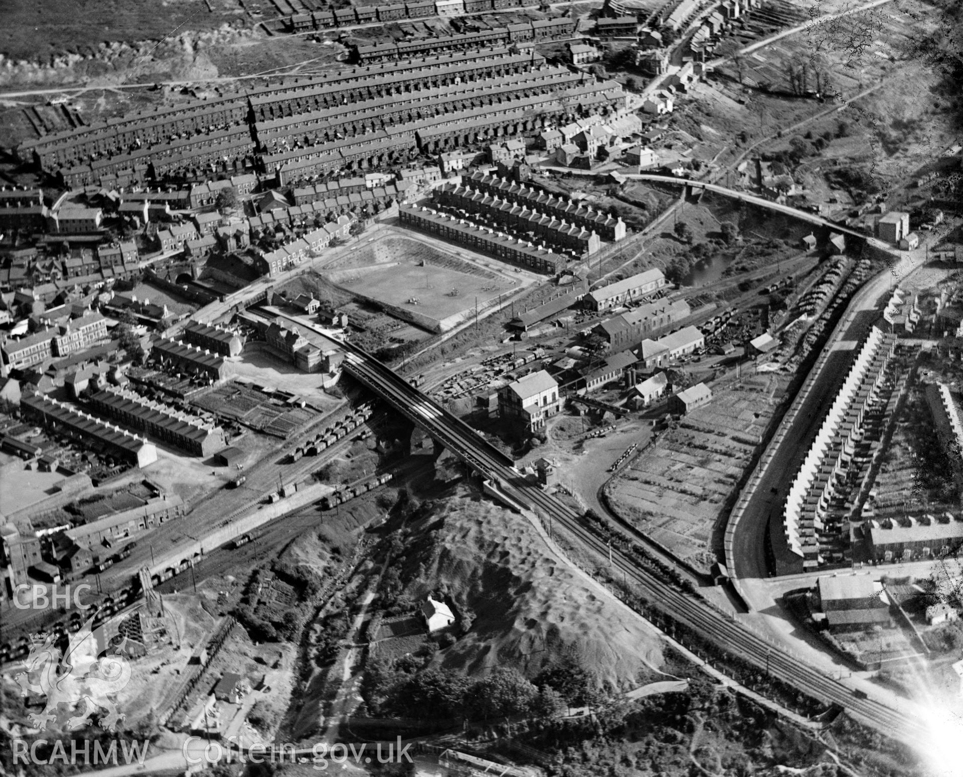 View of Maritime Colliery, Pontypridd, looking from north, oblique aerial view. 5?x4? black and white glass plate negative.