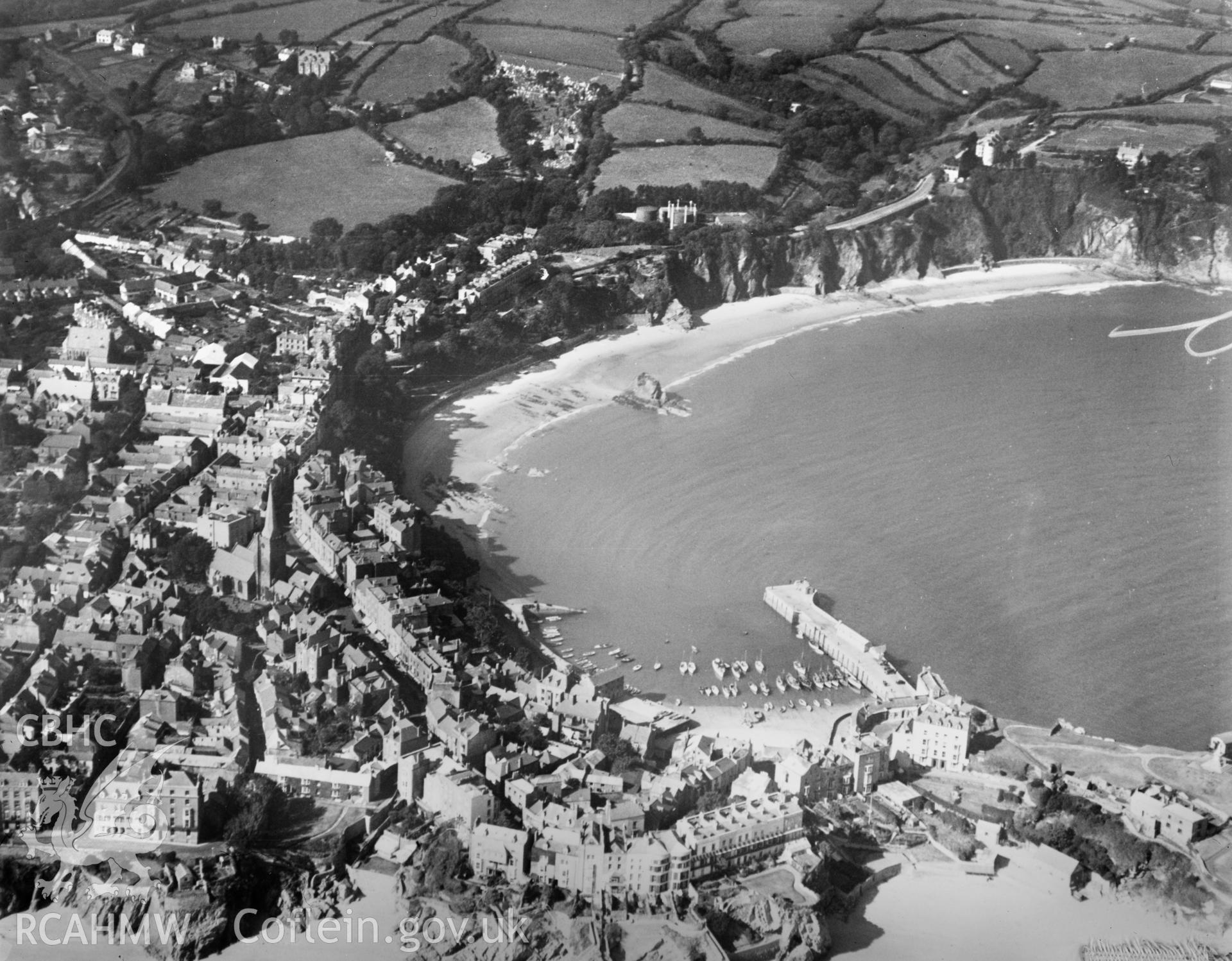 View of Tenby showing North Beach. Oblique aerial photograph, 5?x4? BW glass plate.