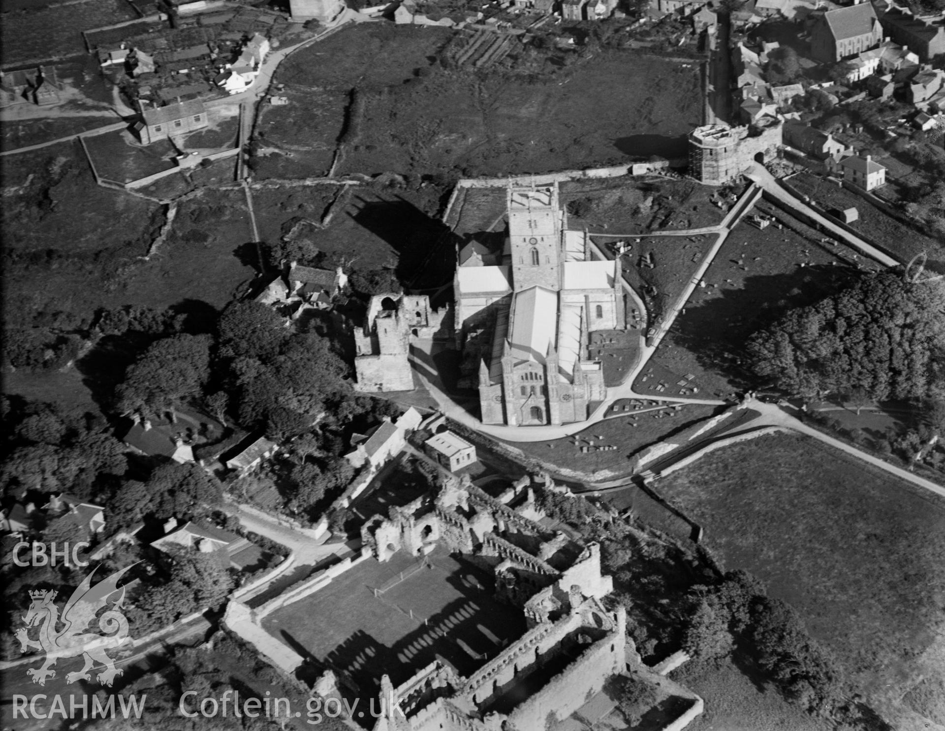 View of St Davids Cathedral, oblique aerial view. 5?x4? black and white glass plate negative.