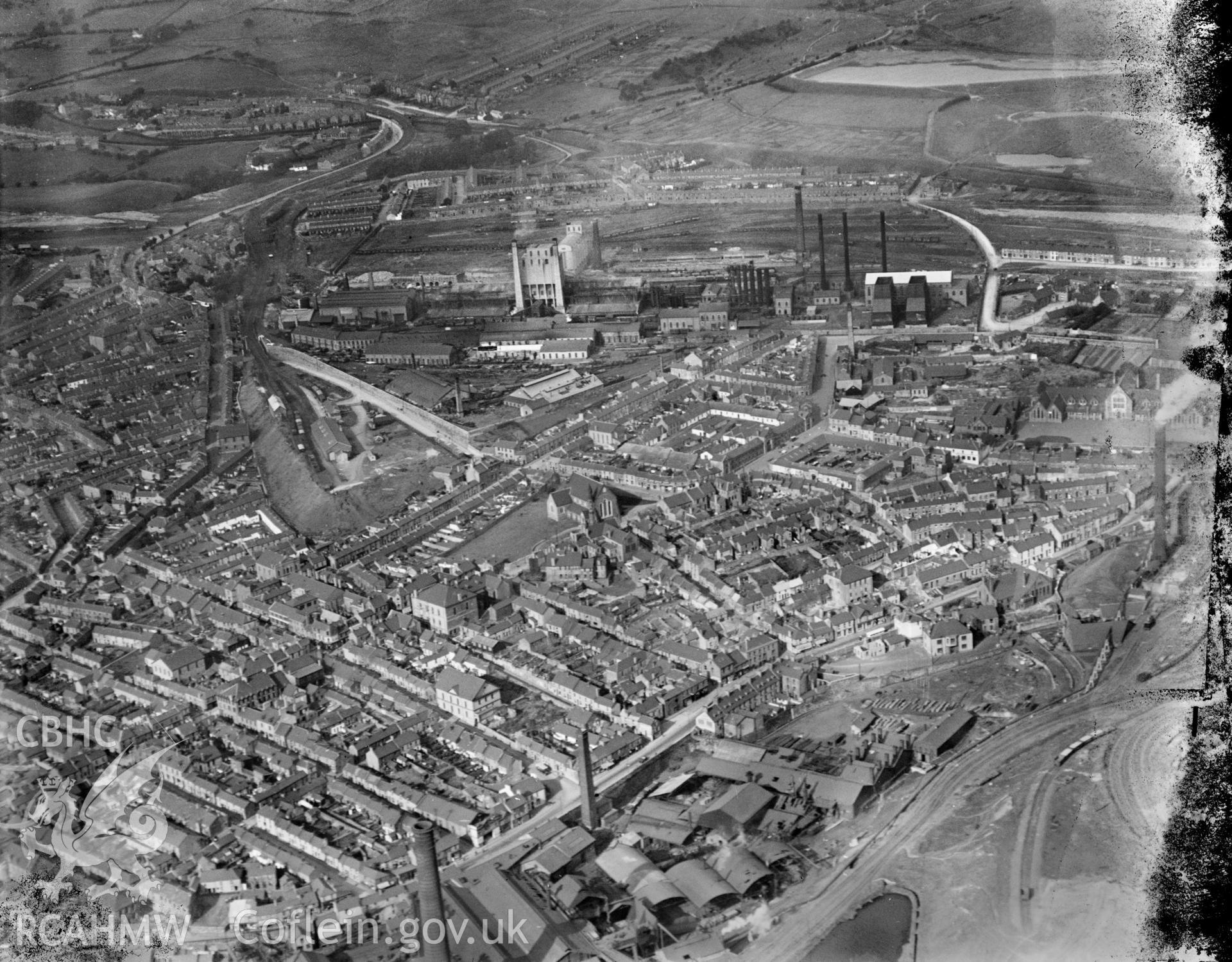 View of Merthyr Tydfil and Dowlais, oblique aerial view. 5?x4? black and white glass plate negative.