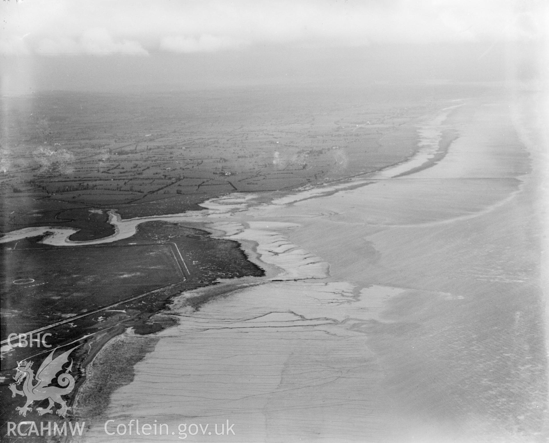 View of Cardiff showing view of estuary of the river Rumney, oblique aerial view. 5?x4? black and white glass plate negative.