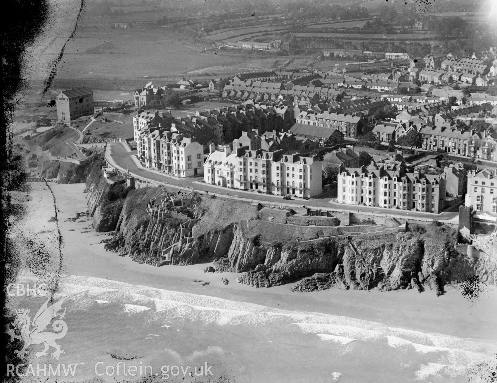 General view of Tenby, the Esplanade, oblique aerial view. 5?x4? black and white glass plate negative.