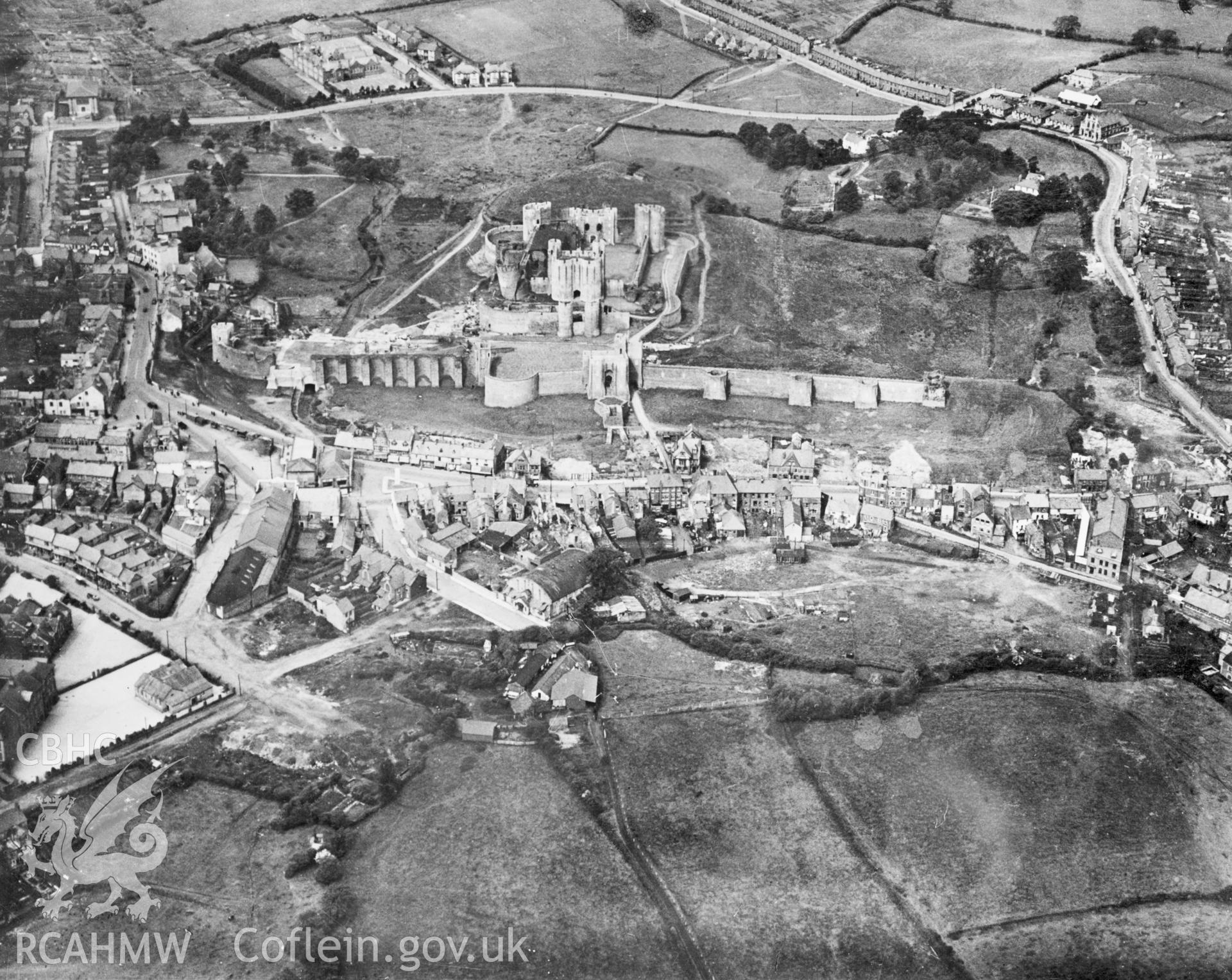 View of Caerphilly showing castle. Oblique aerial photograph, 5?x4? BW glass plate.