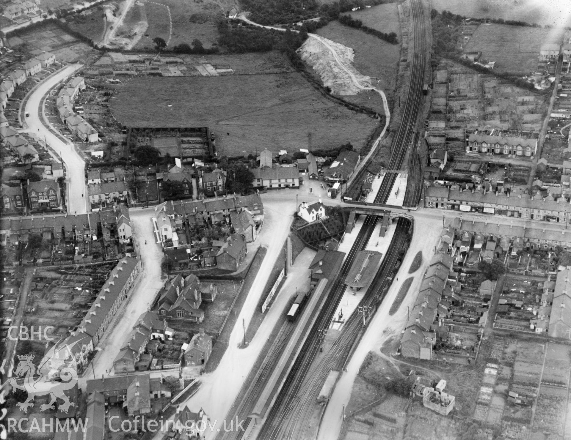 View of Llantrisant station, Pontyclun, oblique aerial view. 5?x4? black and white glass plate negative.