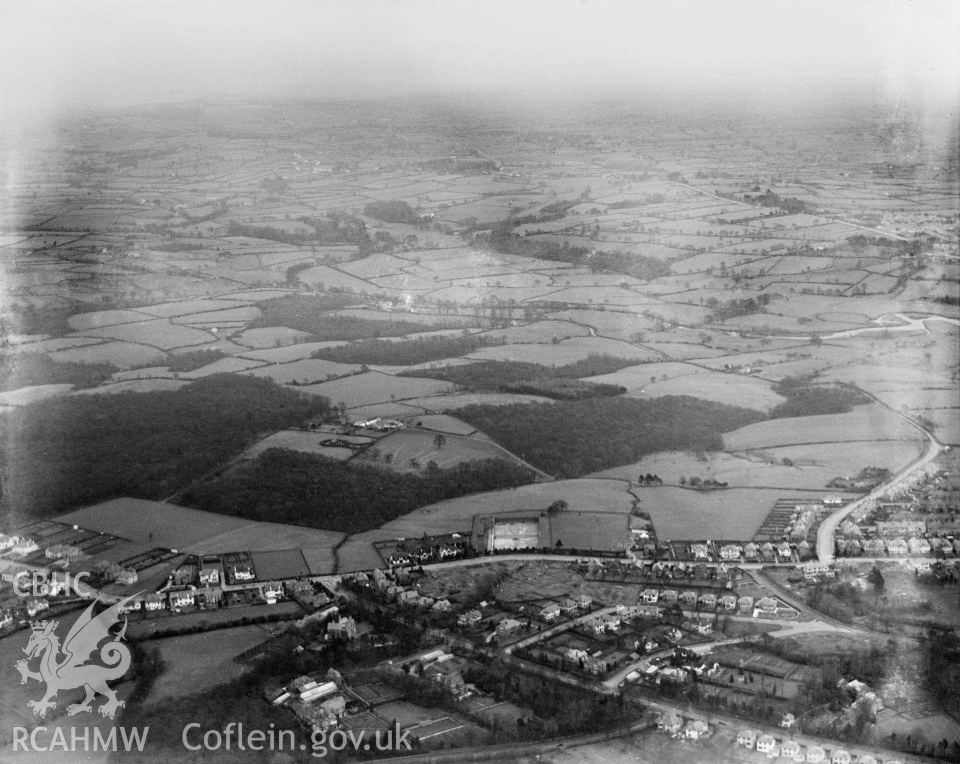 View of Cardiff showing view of Rumney, oblique aerial view. 5?x4? black and white glass plate negative.