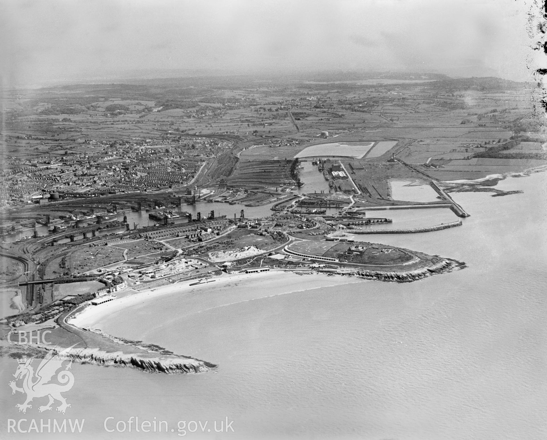 General view of Barry Docks, oblique aerial view. 5?x4? black and white glass plate negative.