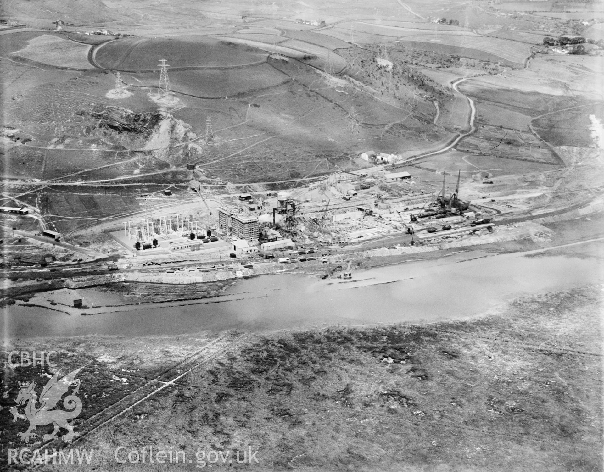 View of construction of Oil Refinery, Llandarcy, oblique aerial view. 5?x4? black and white glass plate negative.