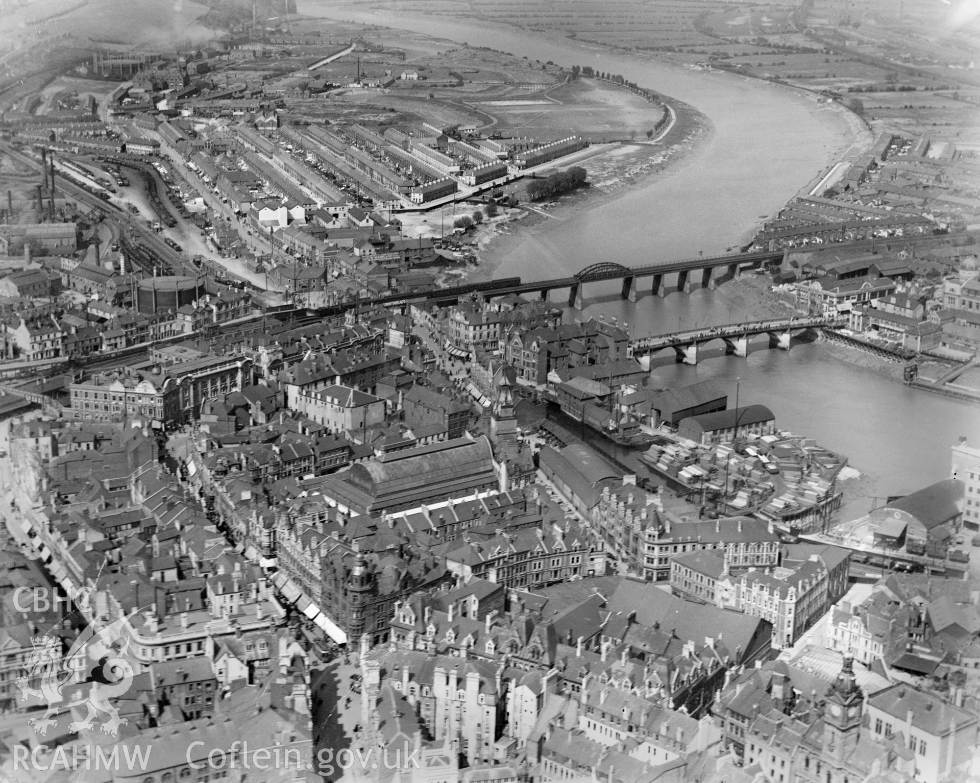 View of Newport showing bridges and river, oblique aerial view. 5?x4? black and white glass plate negative.