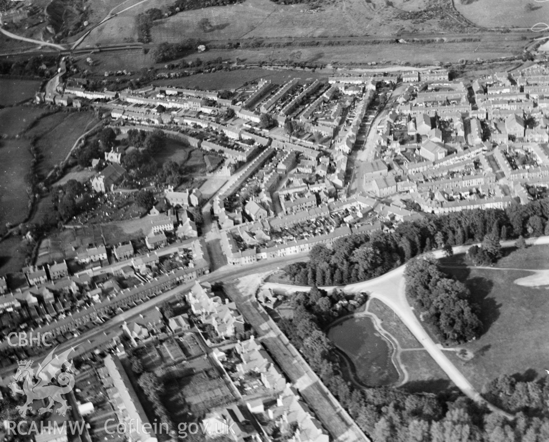 General view of Aberdare, showing park, oblique aerial view. 5?x4? black and white glass plate negative.