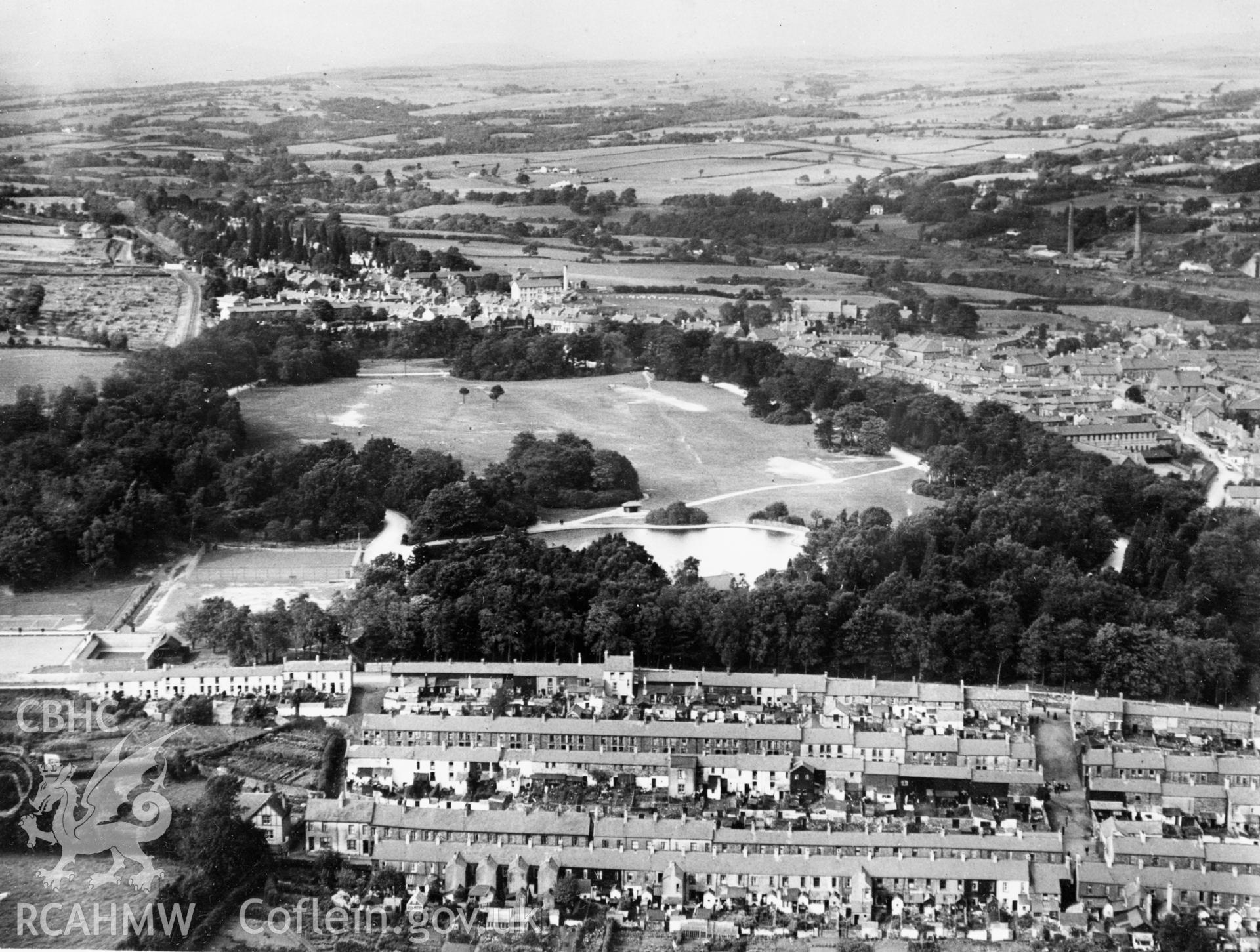 View of Aberdare with Aberdare Park and Trecyncon in the background. Oblique aerial photograph, 5?x4? BW glass plate.