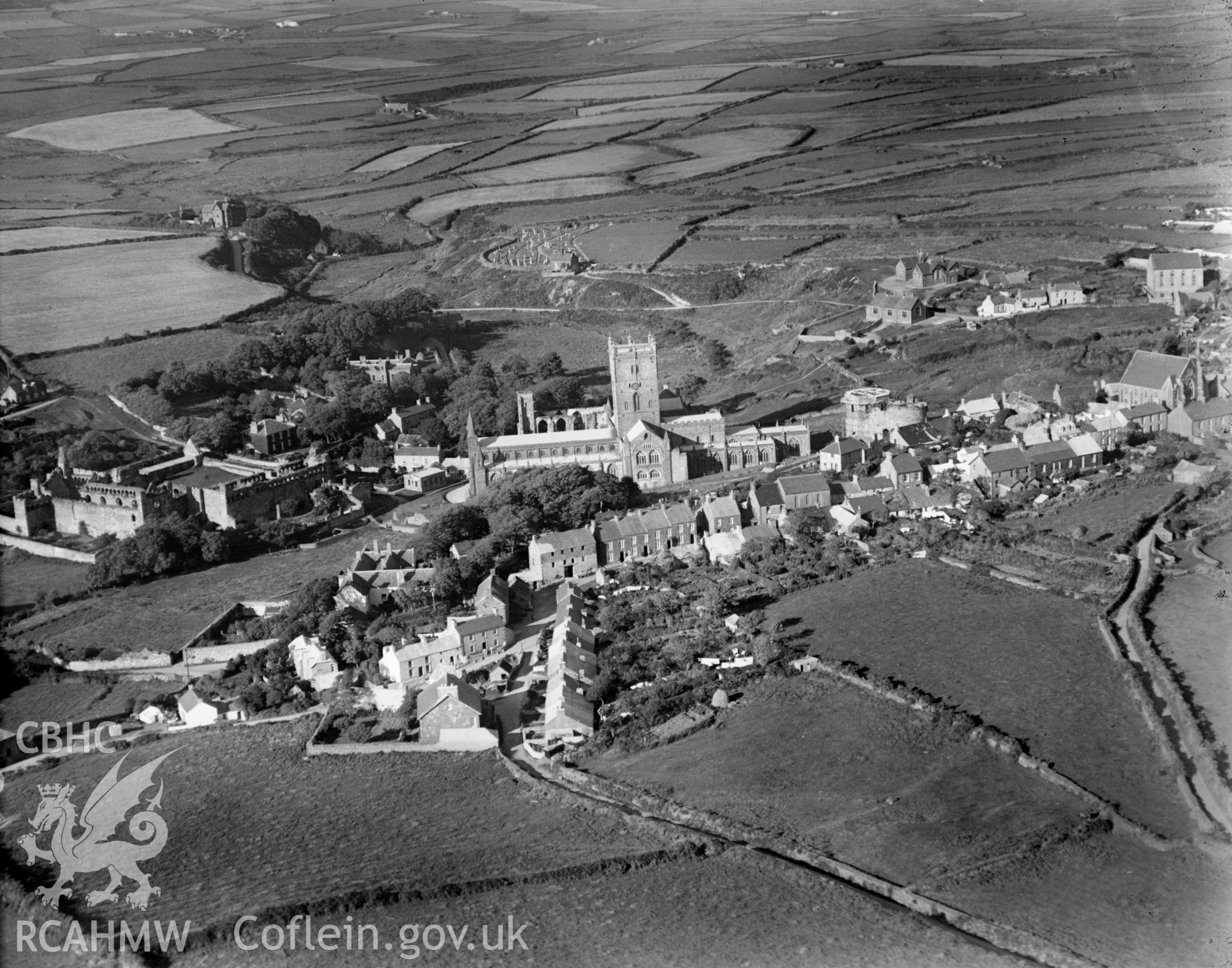 View of St Davids and Cathedral, oblique aerial view. 5?x4? black and white glass plate negative.