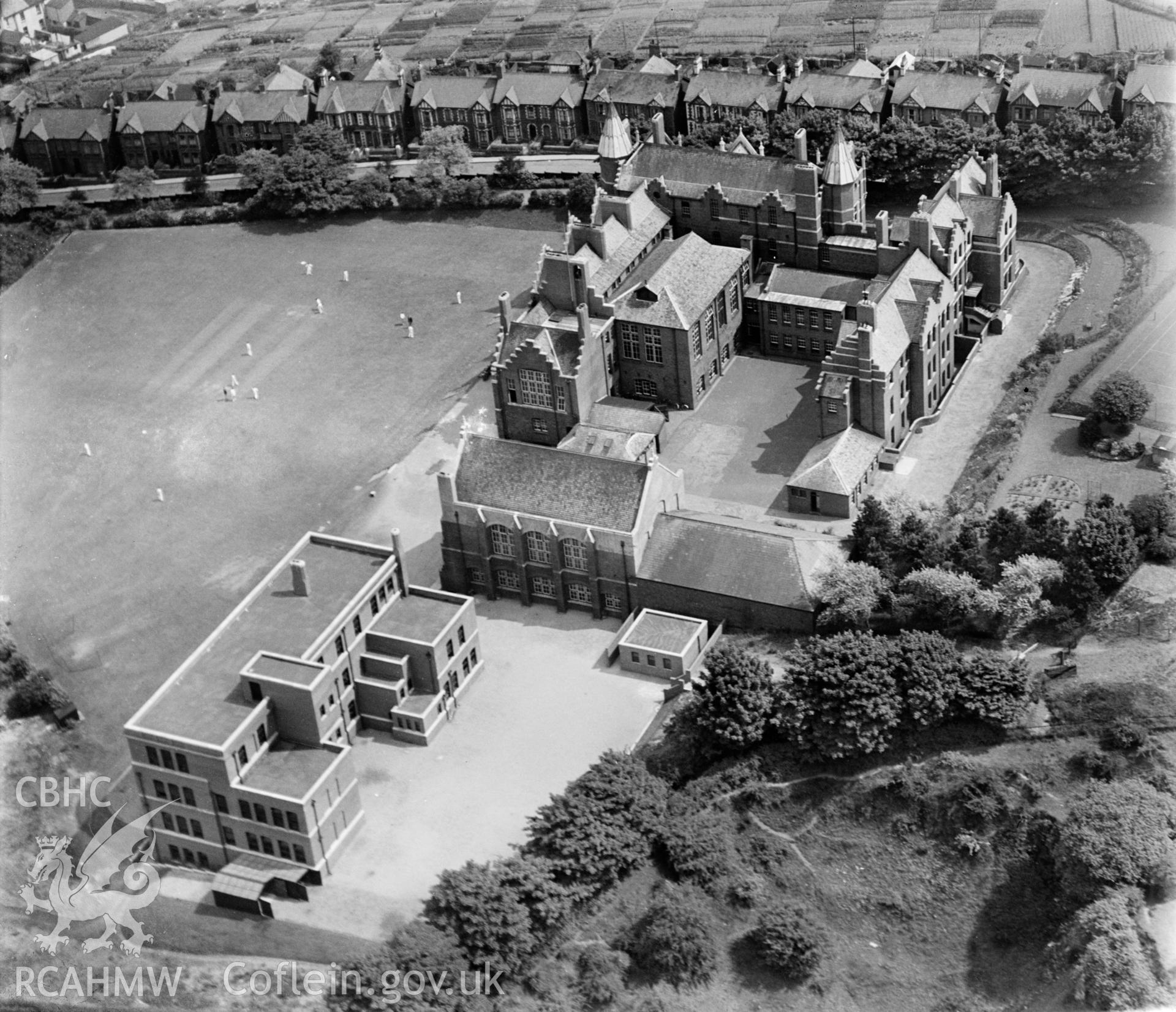 View of West Monmouth School, Pontypool, oblique aerial view. 5?x4? black and white glass plate negative.