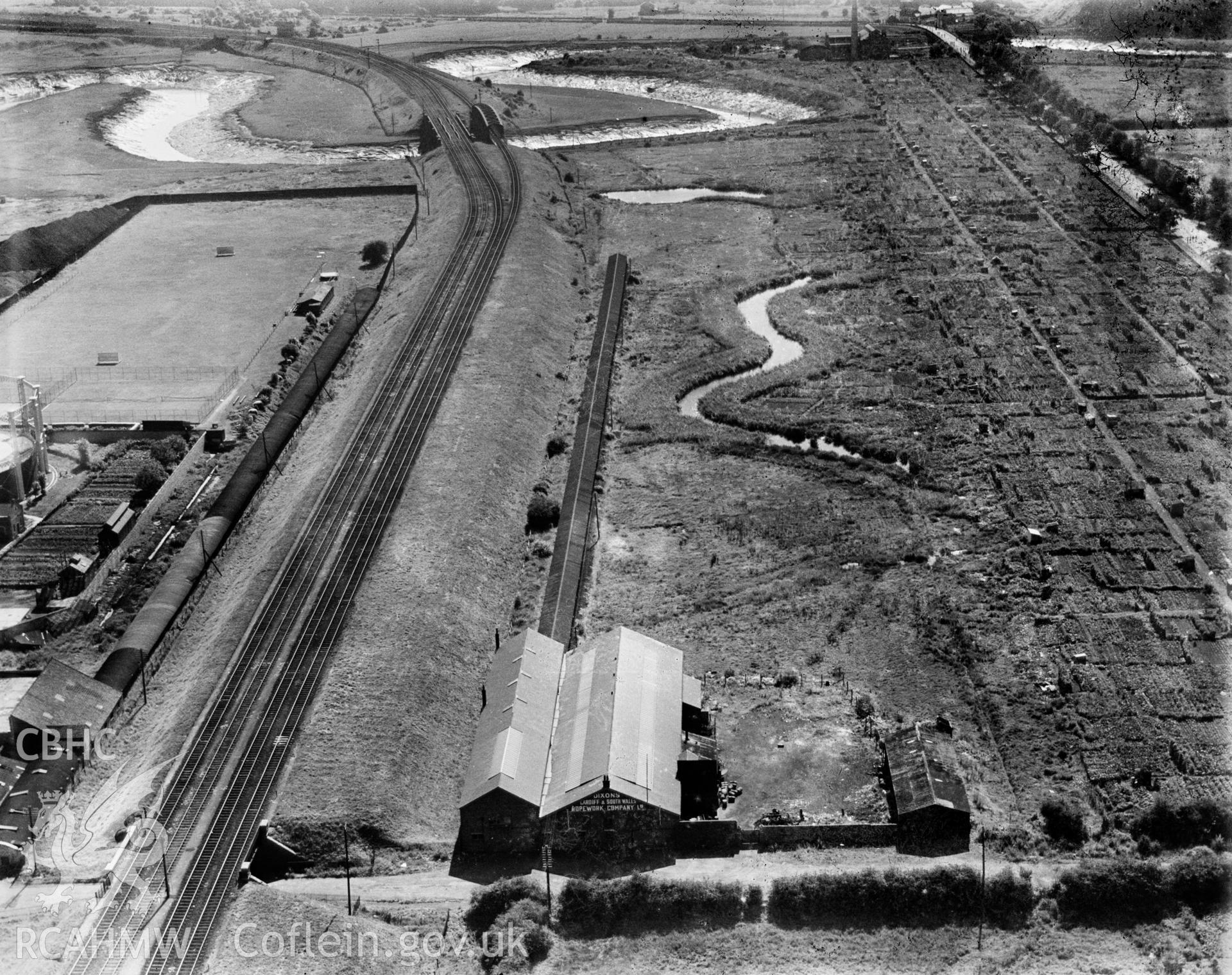 View of Dixon's Ropeworks, Grangetown, oblique aerial view. 5?x4? black and white glass plate negative.