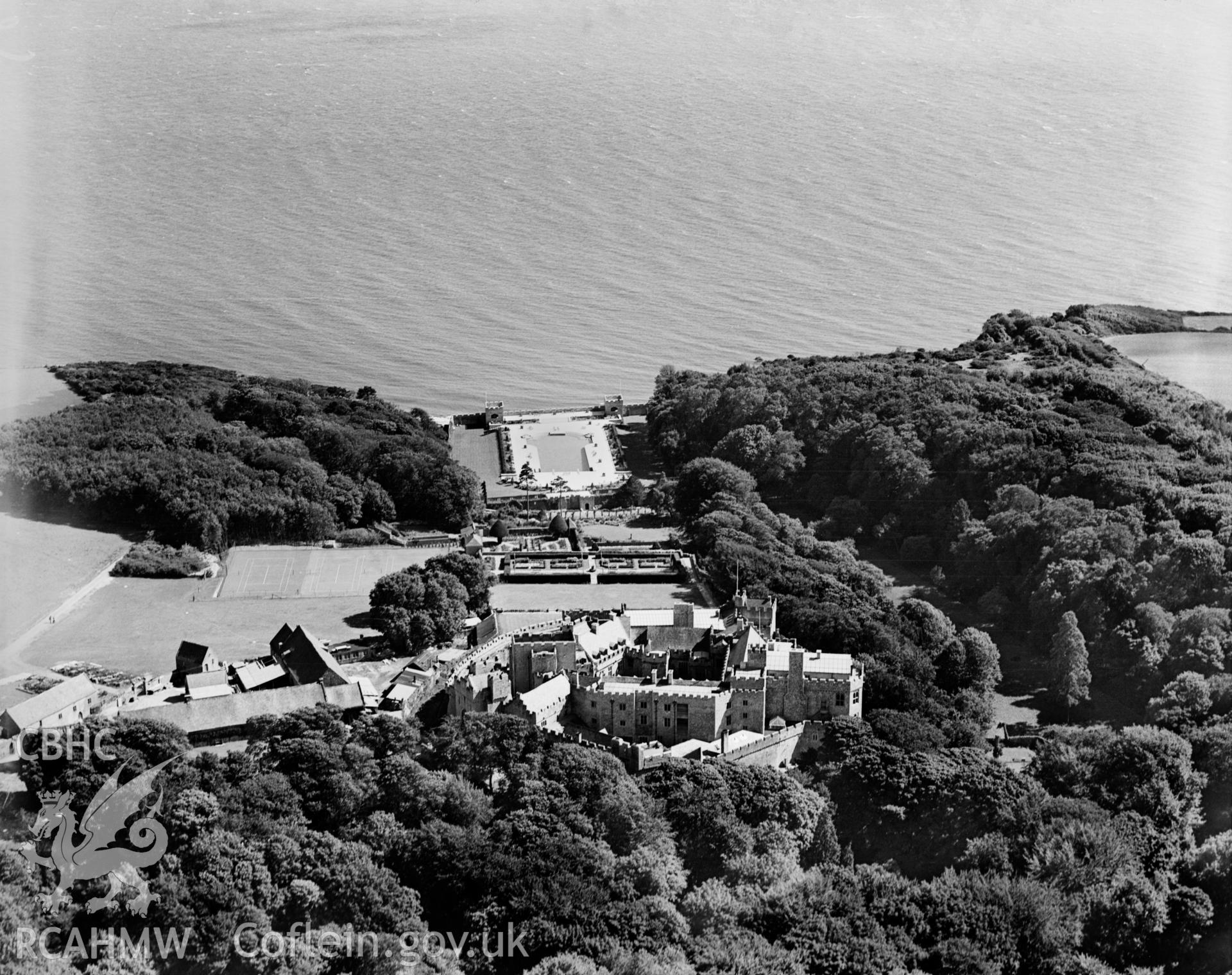 View of St Donats Castle showing castle, grounds and swimming pool, oblique aerial view. 5?x4? black and white glass plate negative.
