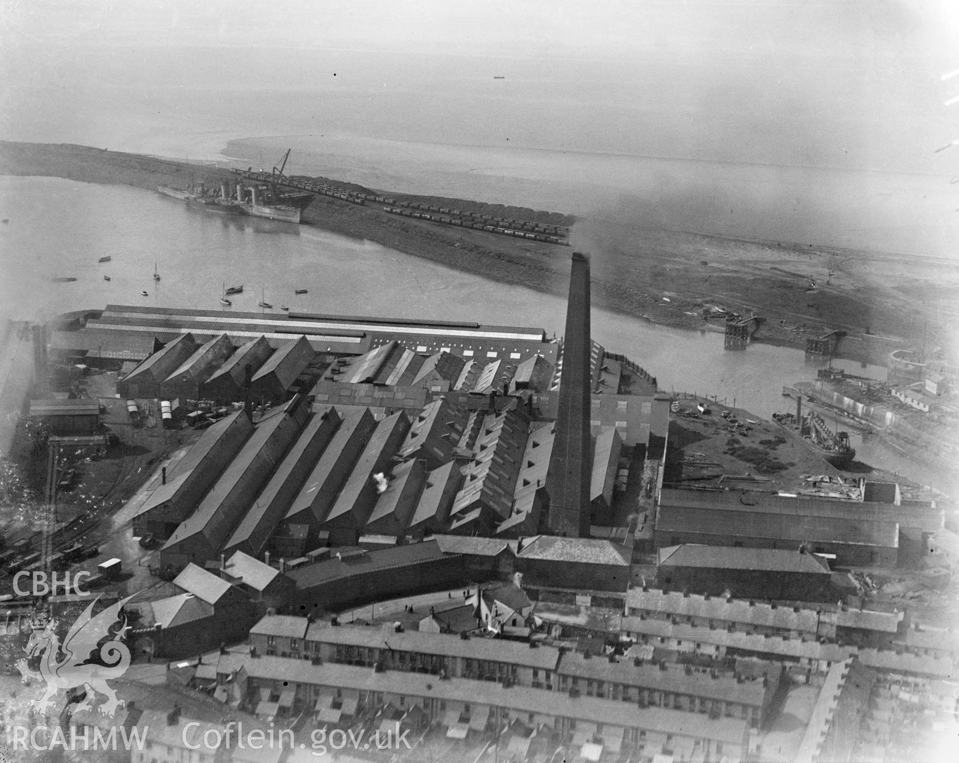 View of the Cambrian Works, Llanelli, oblique aerial view. 5?x4? black and white glass plate negative.