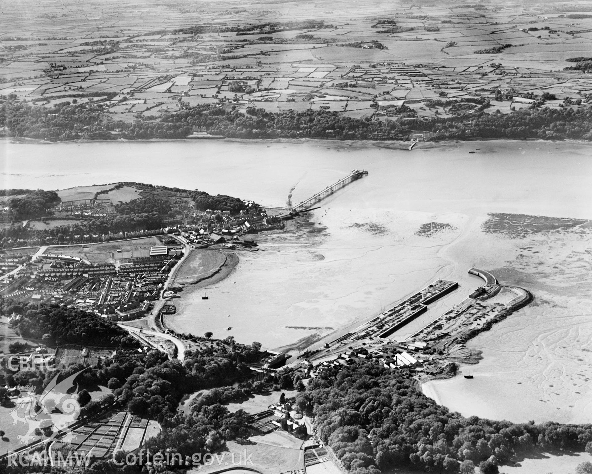 View of Bangor showing harbour, oblique aerial view. 5?x4? black and white glass plate negative.