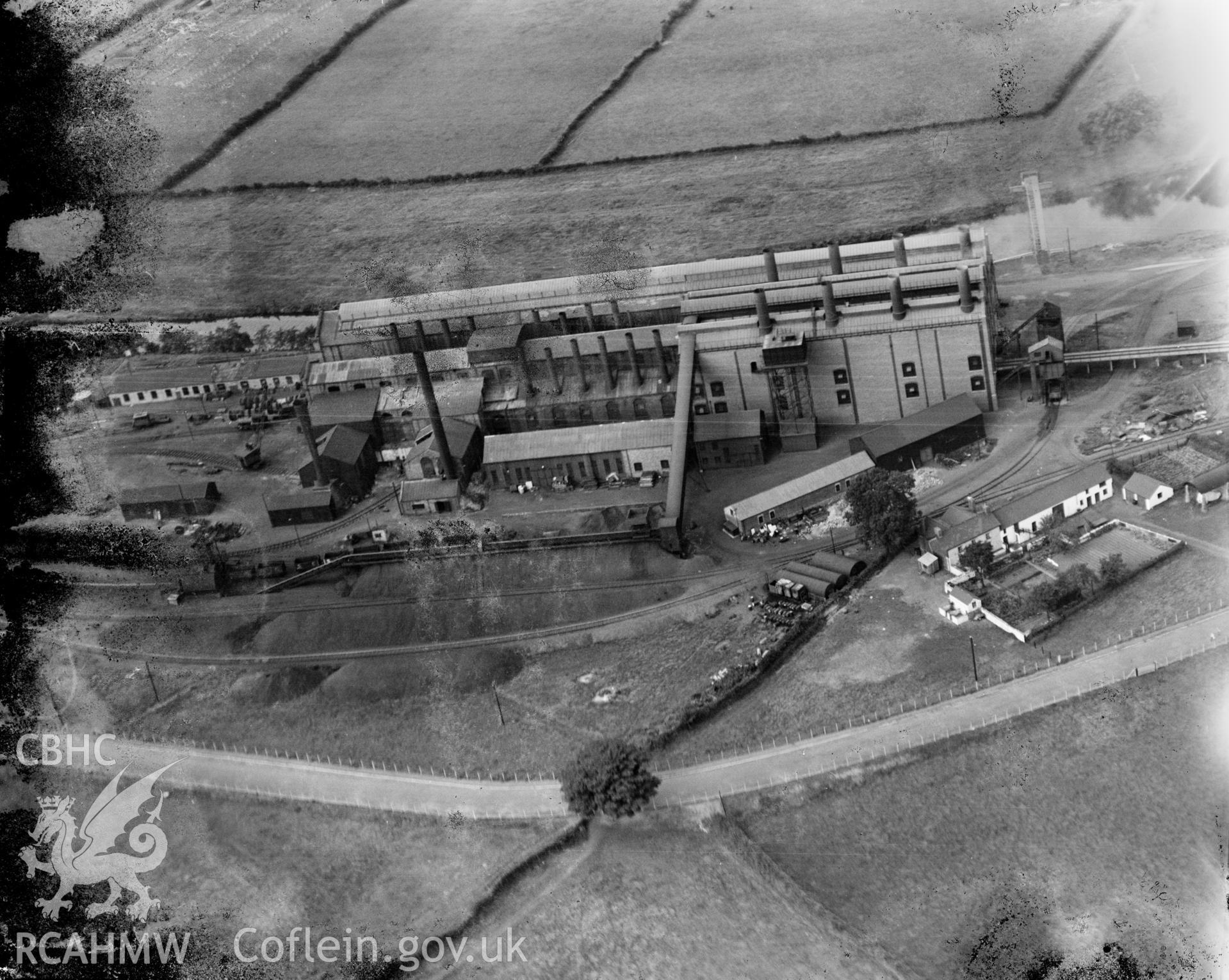 View of Electric power station near Treforest Trading Estate, oblique aerial view. 5?x4? black and white glass plate negative.