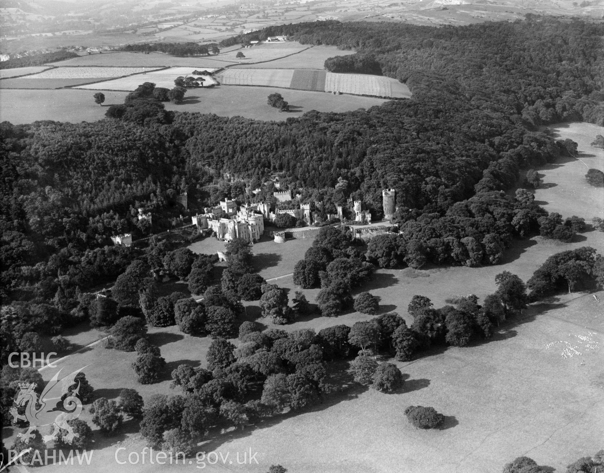 General view of Gwrych Castle, oblique aerial view. 5?x4? black and white glass plate negative.