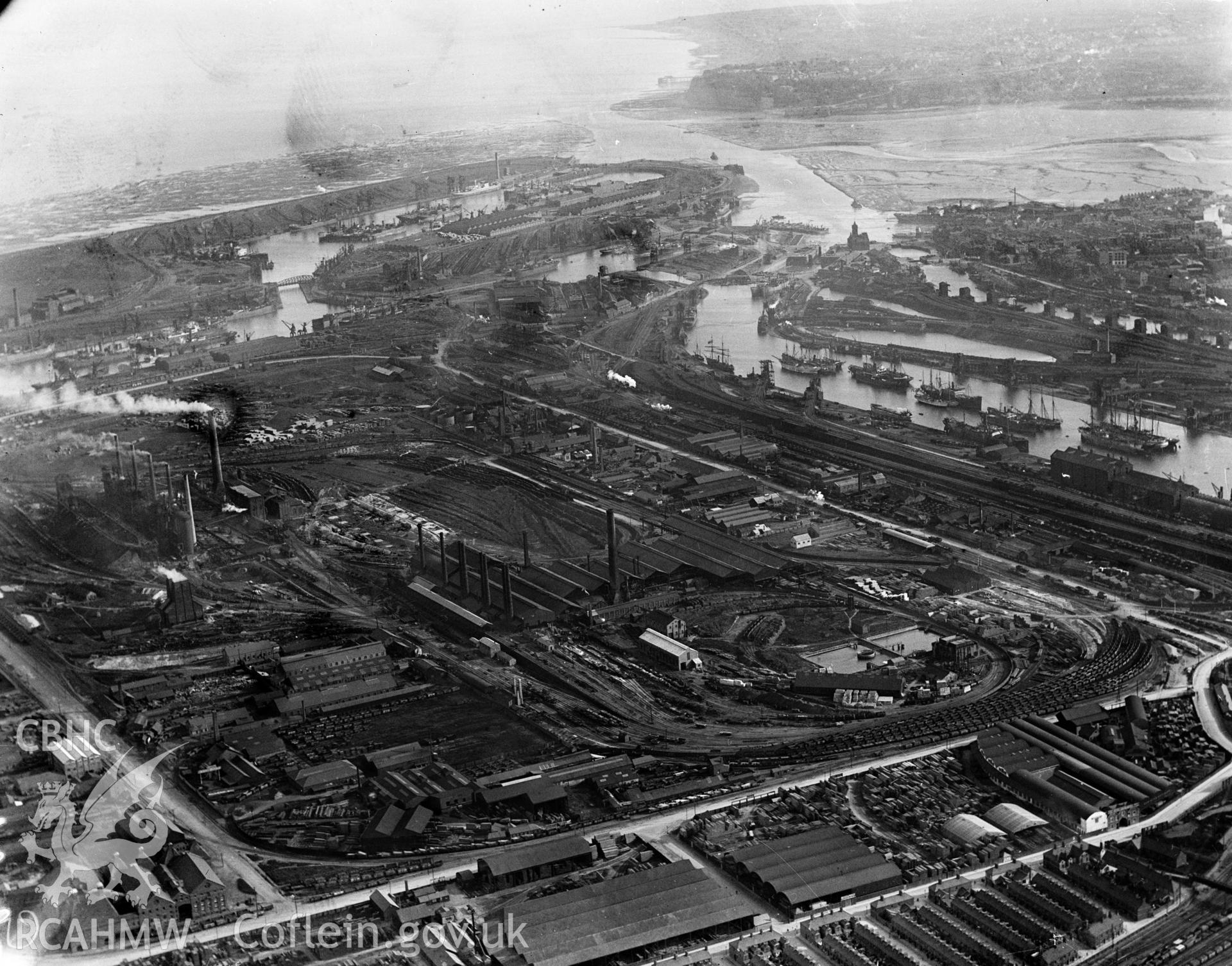 View of Cardiff docks showing Dowlais works, oblique aerial view. 5?x4? black and white glass plate negative.