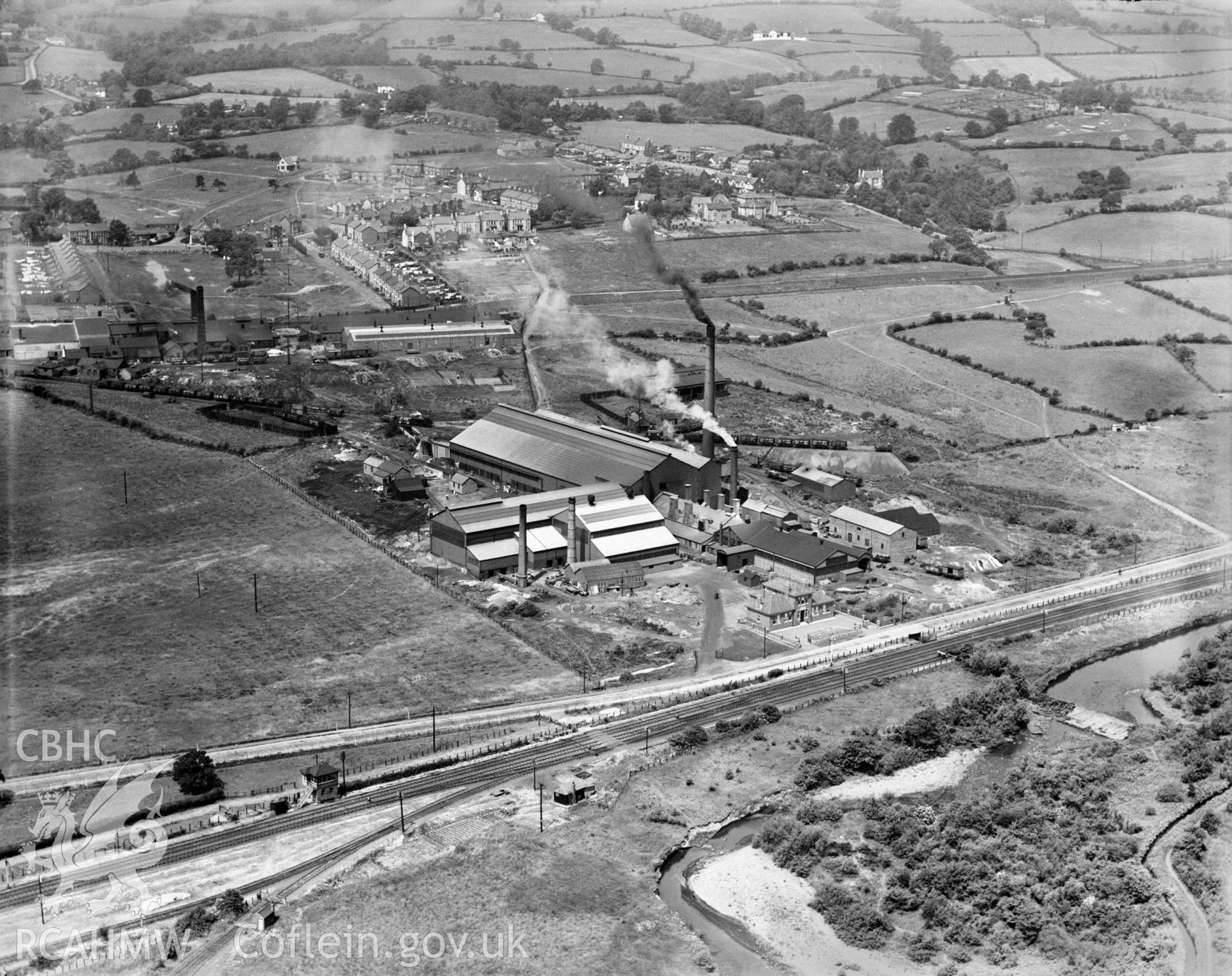 View of Avondale Tinplate Co., Pontnewydd, oblique aerial view. 5?x4? black and white glass plate negative.