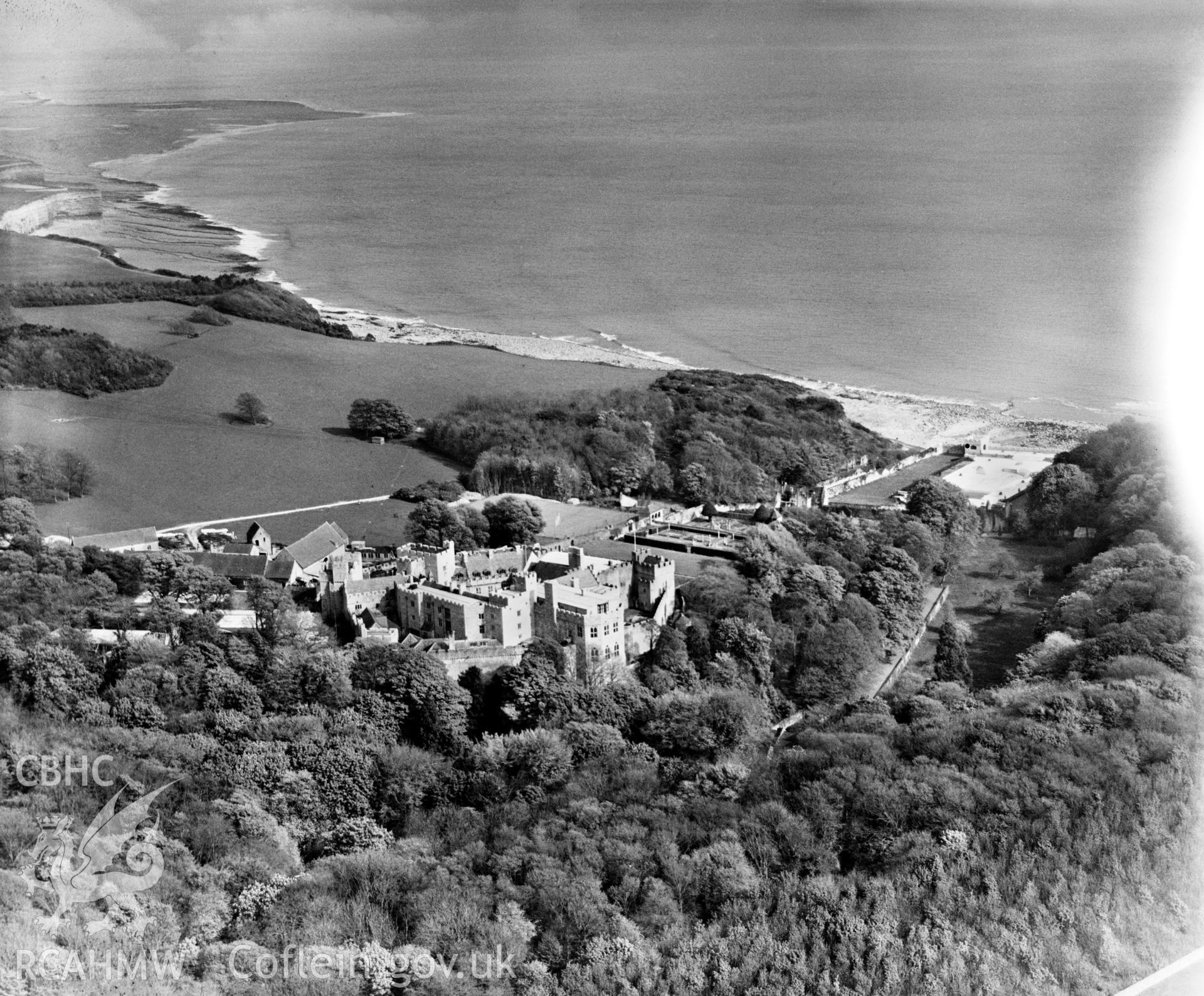 View of St Donat's Castle, oblique aerial view. 5?x4? black and white glass plate negative.