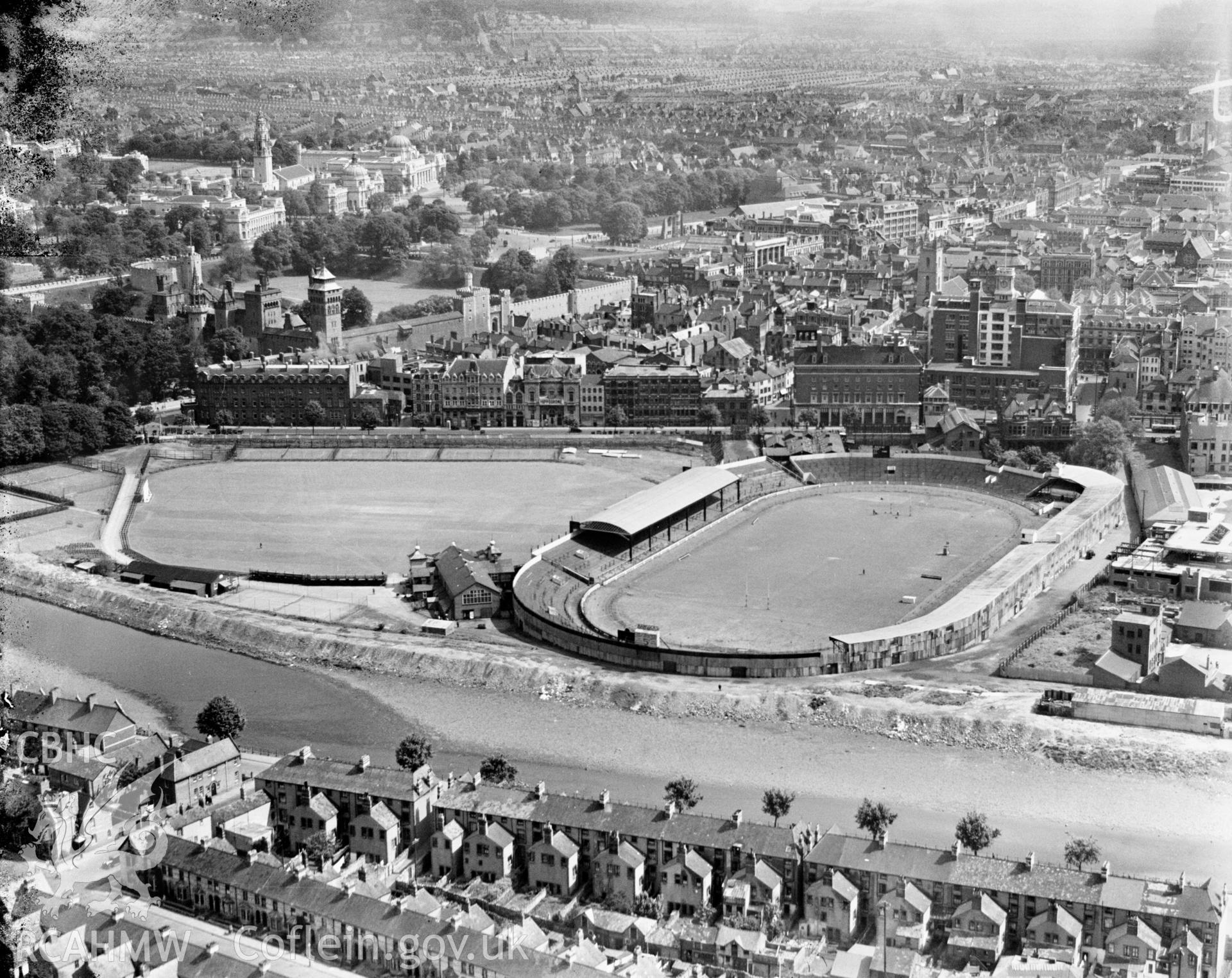View of Cardiff Arms Park, oblique aerial view. 5?x4? black and white glass plate negative.