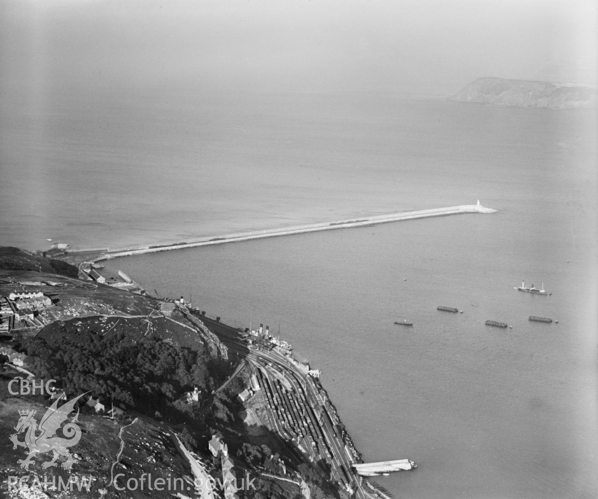 View of Fishguard & Goodwick Harbour, oblique aerial view. 5?x4? black and white glass plate negative.