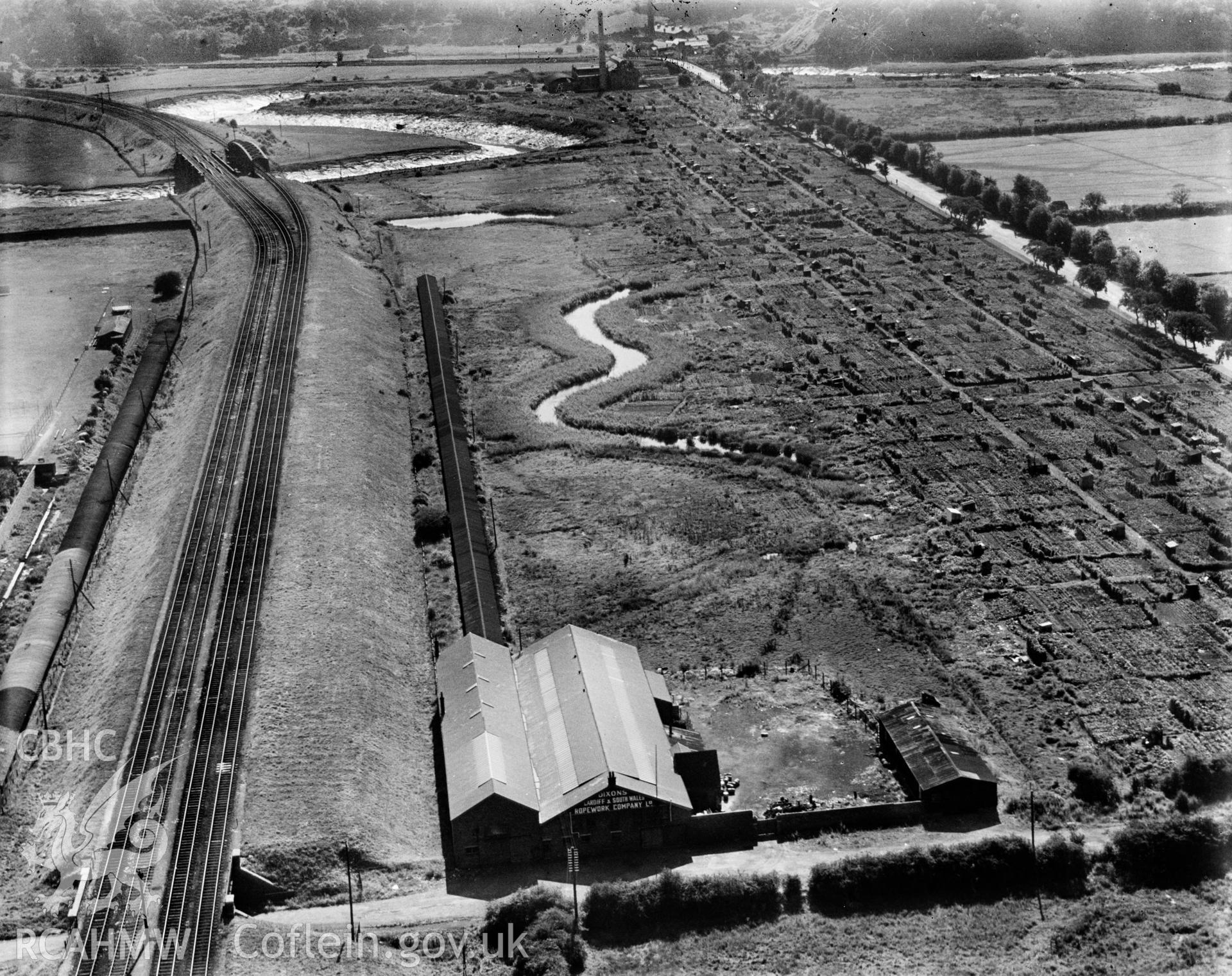 View of Dixon's Ropeworks, Grangetown, oblique aerial view. 5?x4? black and white glass plate negative.