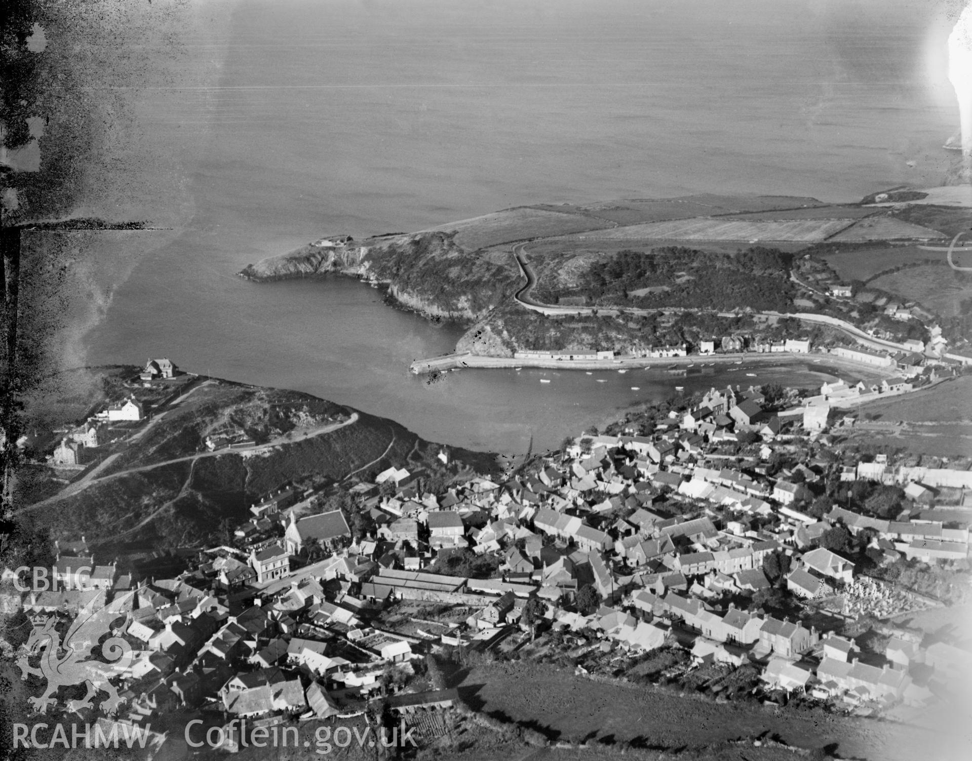 View of Fishguard, oblique aerial view. 5?x4? black and white glass plate negative.