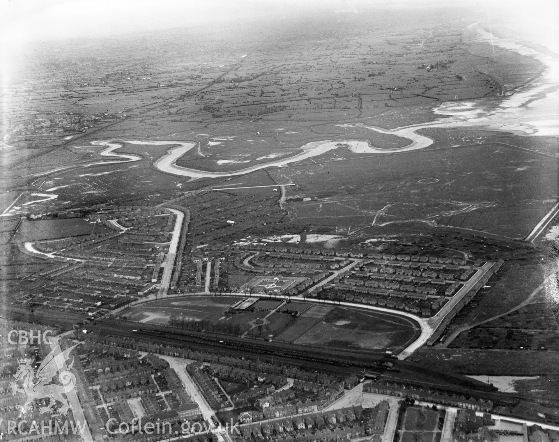 View of Splott, Cardiff, showing park and swimming pool, oblique aerial view. 5?x4? black and white glass plate negative.