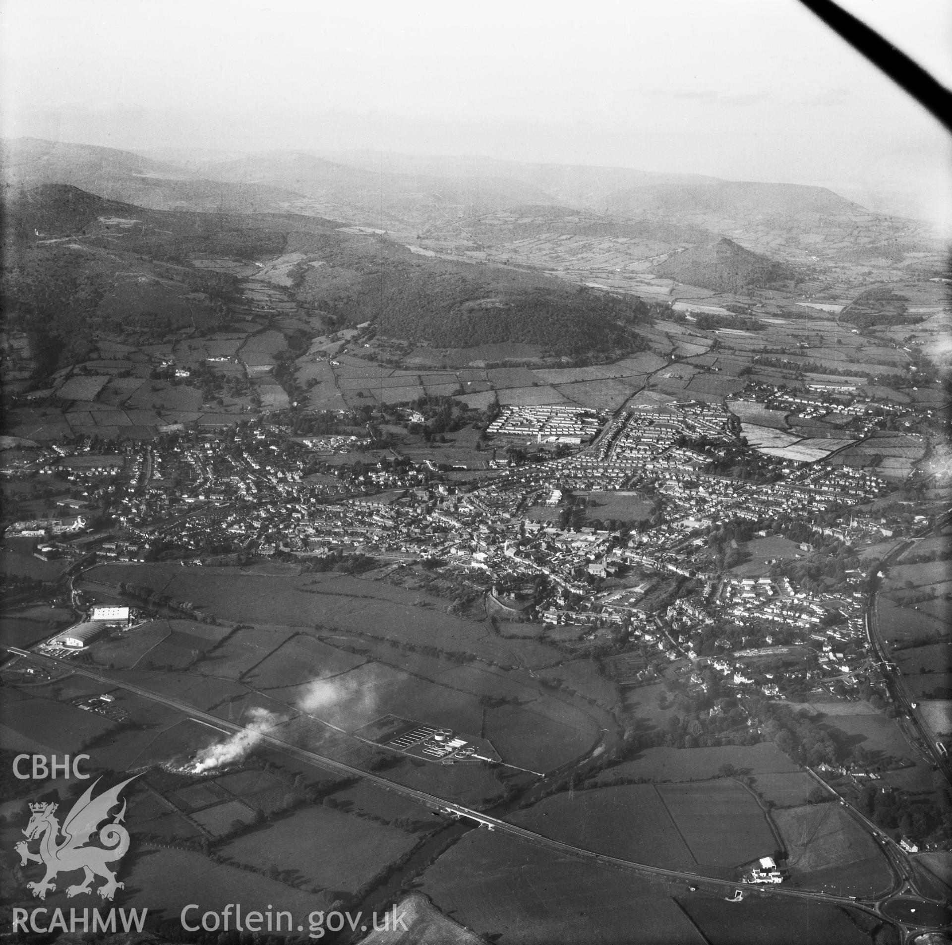 Black and white oblique aerial photograph showing Abergavenny, from Aerofilms album Monmouth A-Ce (444), taken by Aerofilms Ltd and dated 1963.