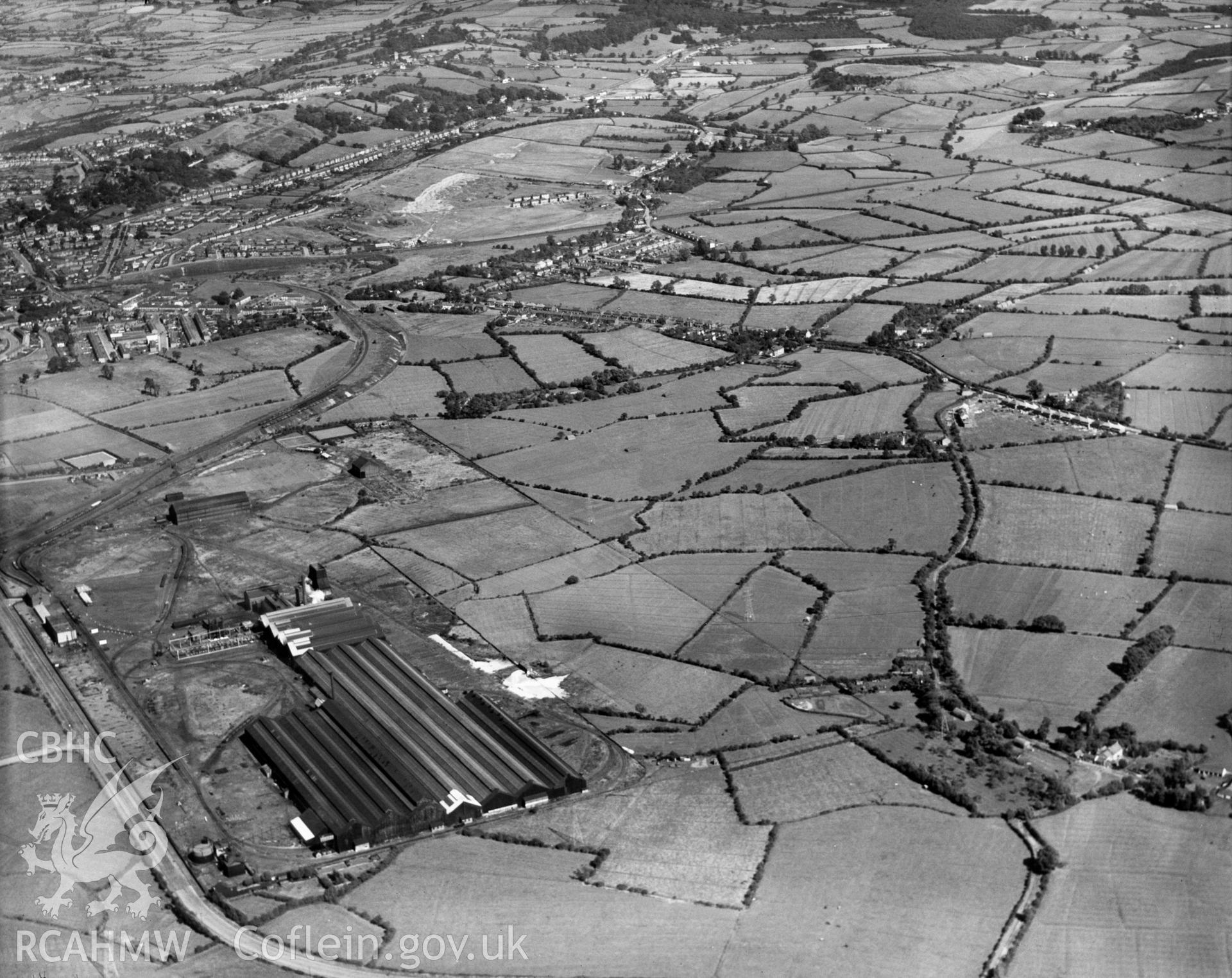 View of Orb Steelworks and Newport Tubeworks, Newport, oblique aerial view. 5?x4? black and white glass plate negative.