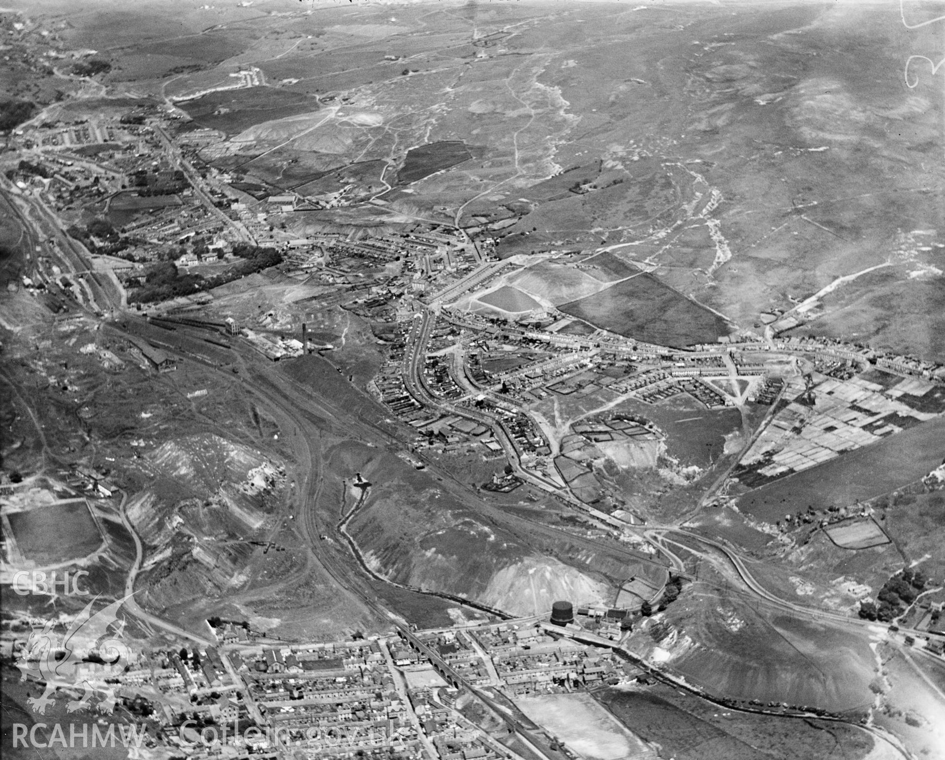 General view of Rhymney, oblique aerial view. 5?x4? black and white glass plate negative.
