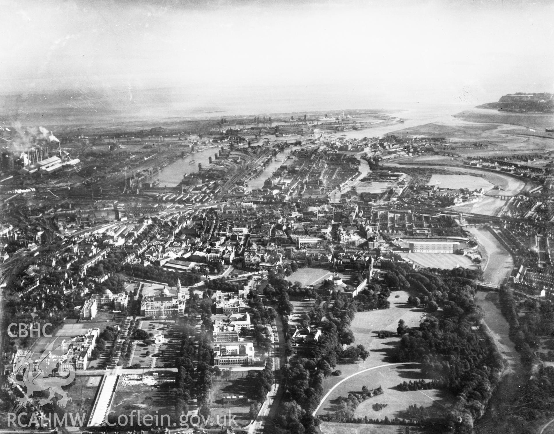 General view of Cardiff. Oblique aerial photograph.