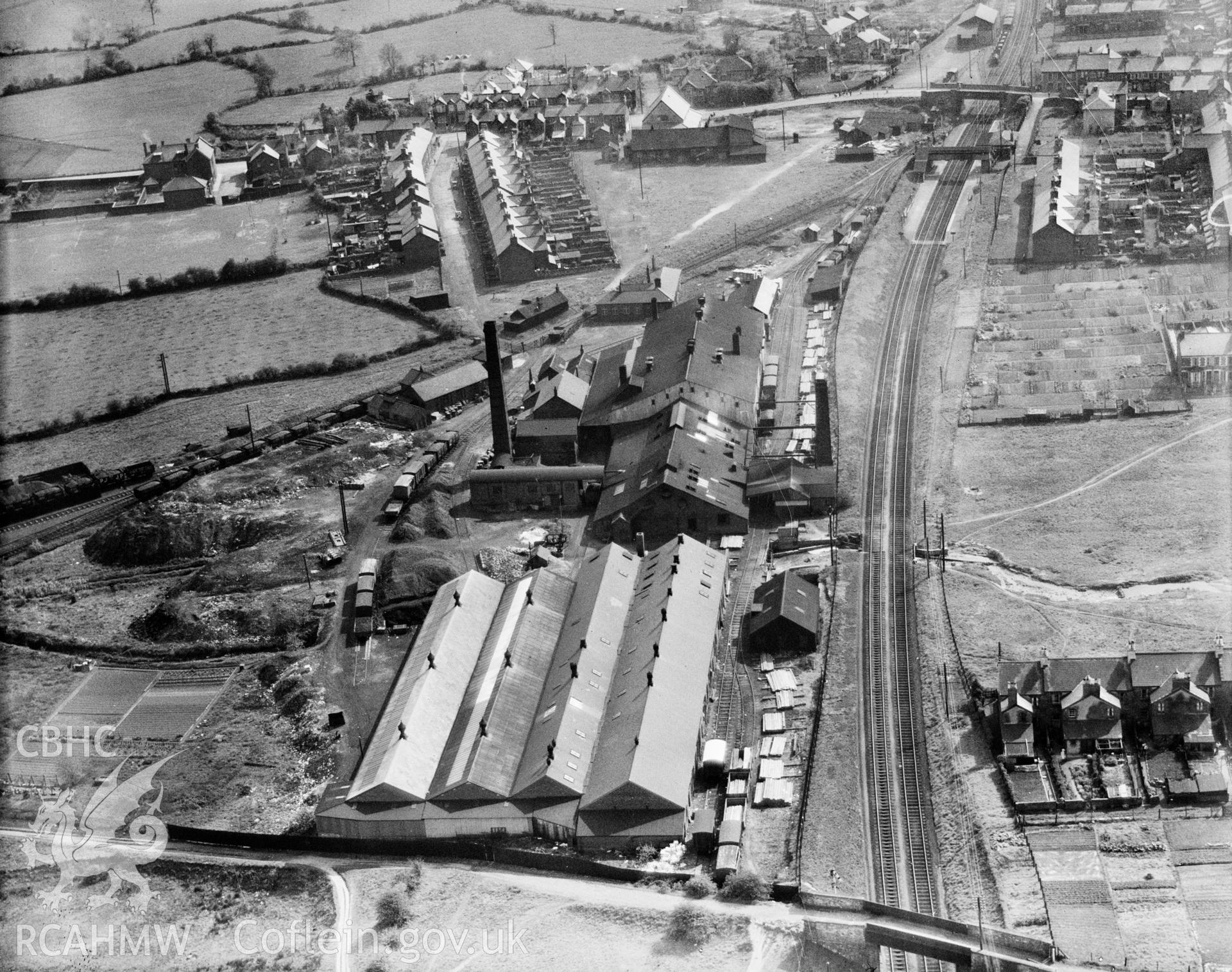 View of Redbrook Tinplate Co., Pontnewydd, oblique aerial view. 5?x4? black and white glass plate negative.