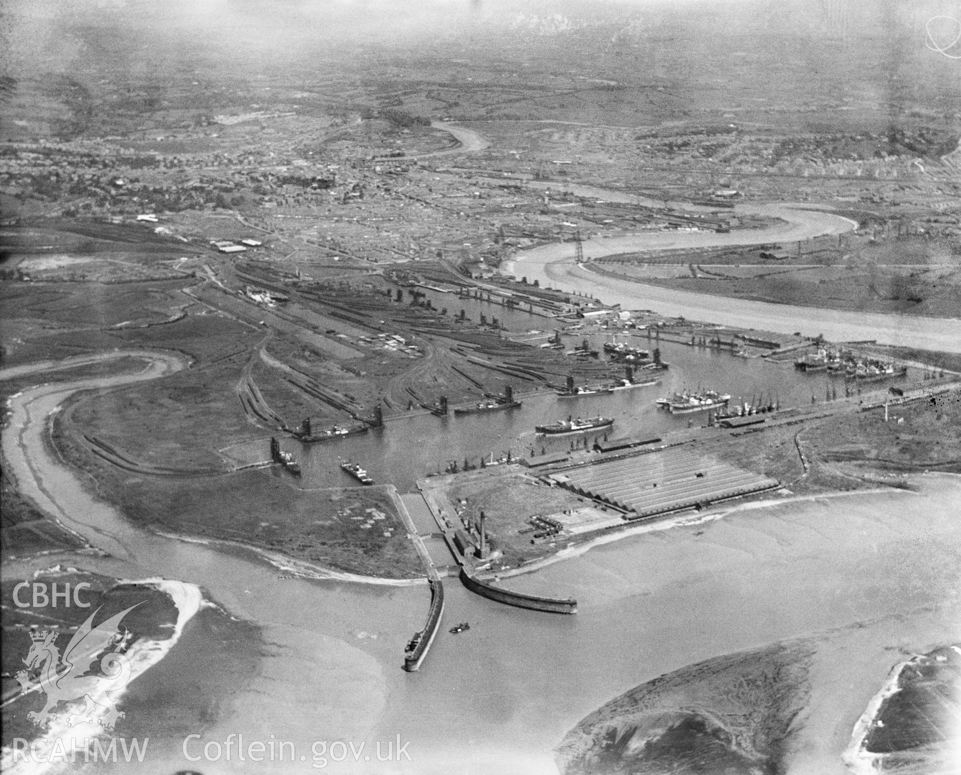 General view of Newport Dock, oblique aerial view. 5?x4? black and white glass plate negative.