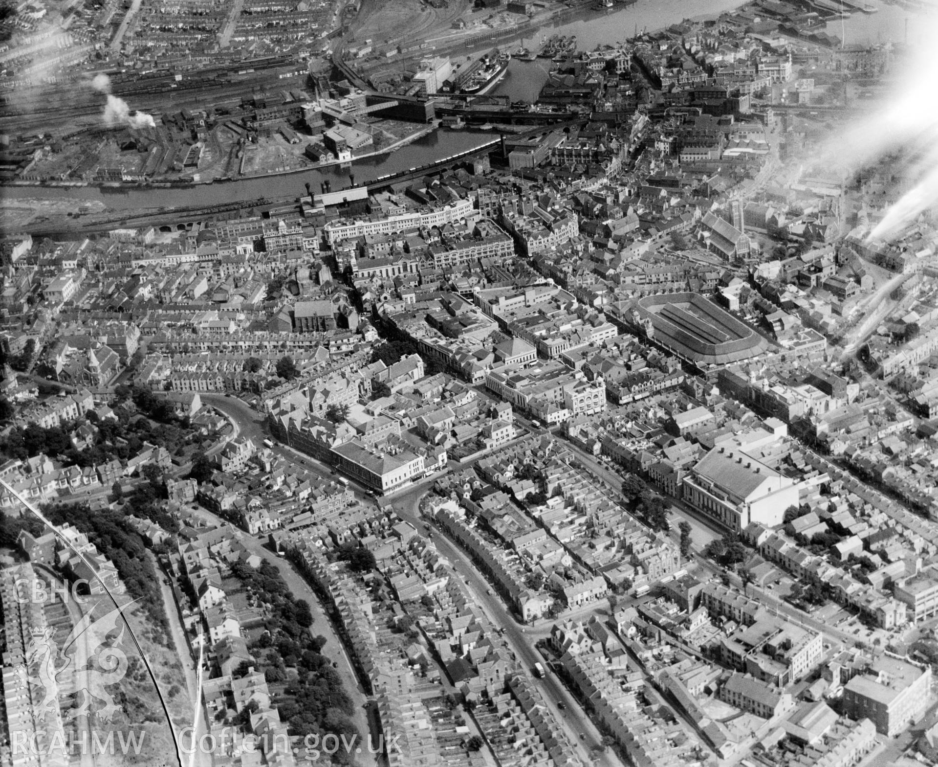 View of central Swansea, oblique aerial view. 5?x4? black and white glass plate negative.