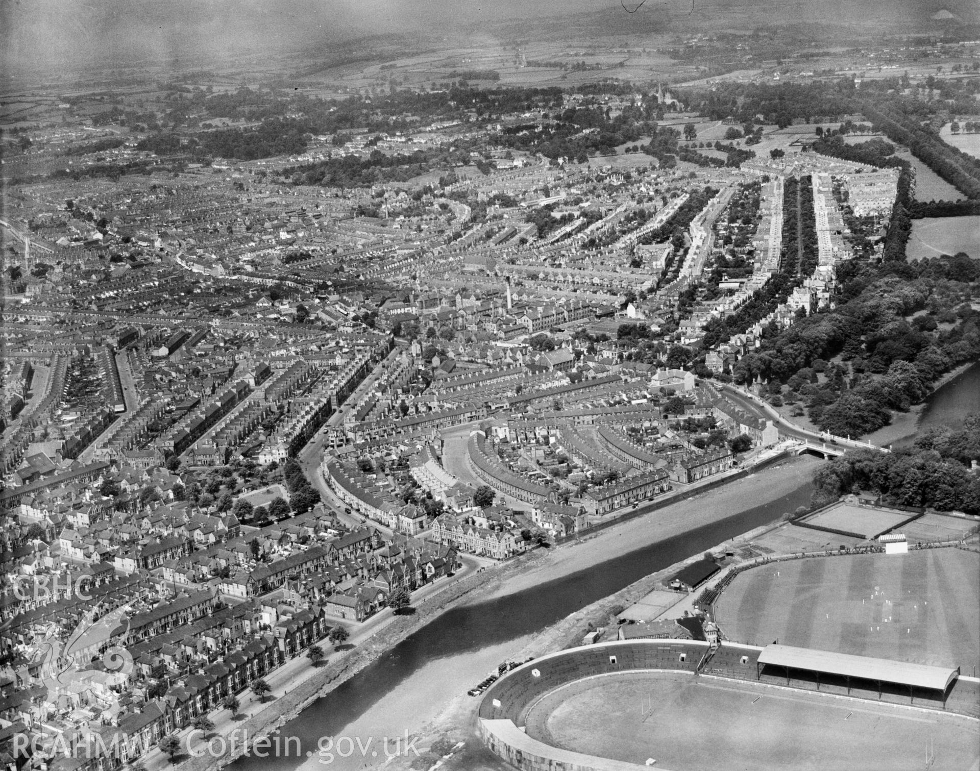 View of the Riverside area of Cardiff showing Cardiff Arms Park and cricket ground. Oblique aerial photograph.