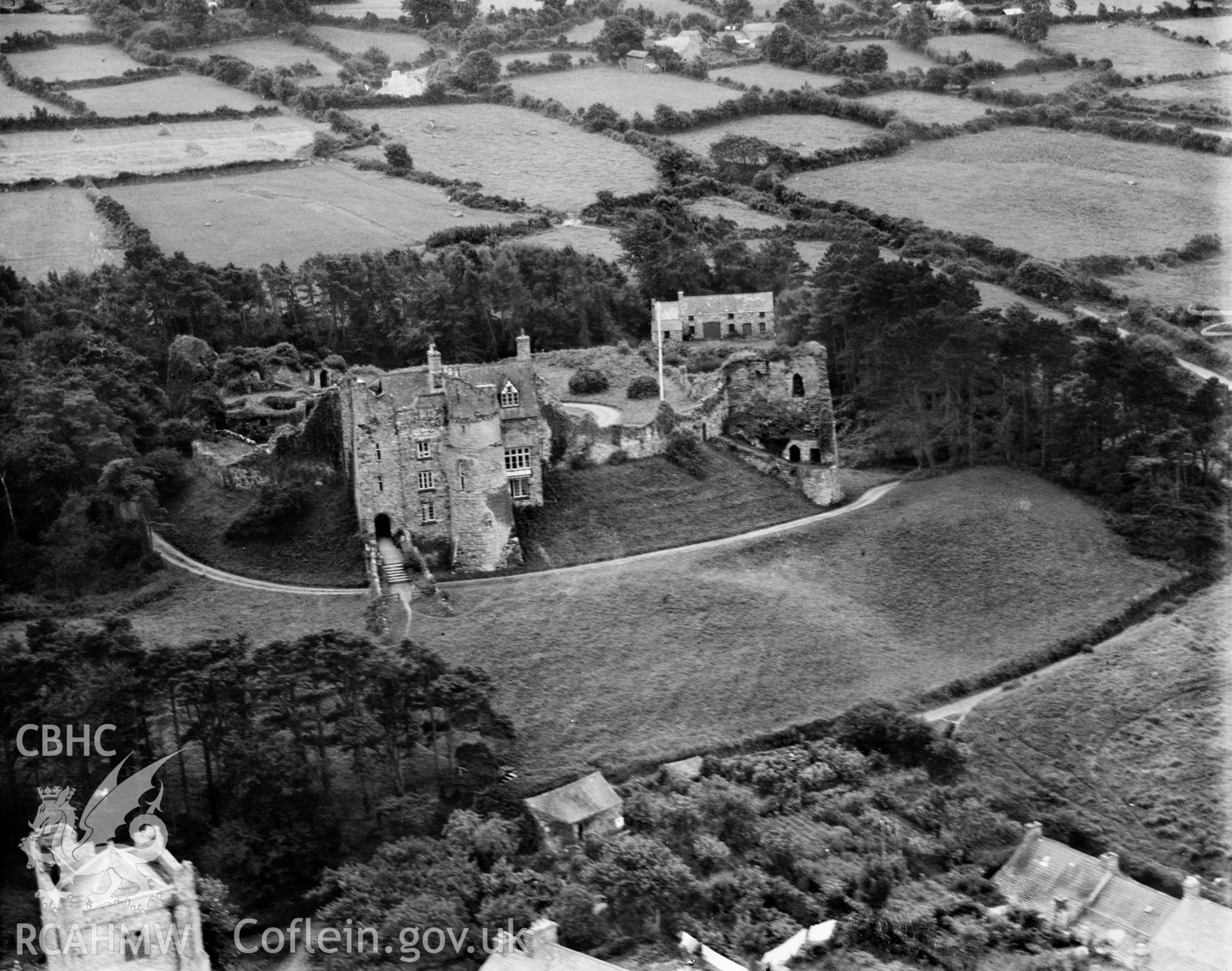 View of Newport castle, Pembrokeshire, oblique aerial view. 5?x4? black and white glass plate negative.