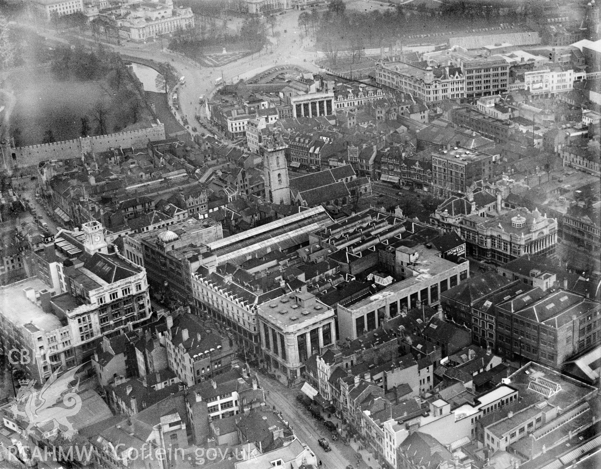 View of central Cardiff, showing James Howell & Co. Ltd., oblique aerial view. 5?x4? black and white glass plate negative.