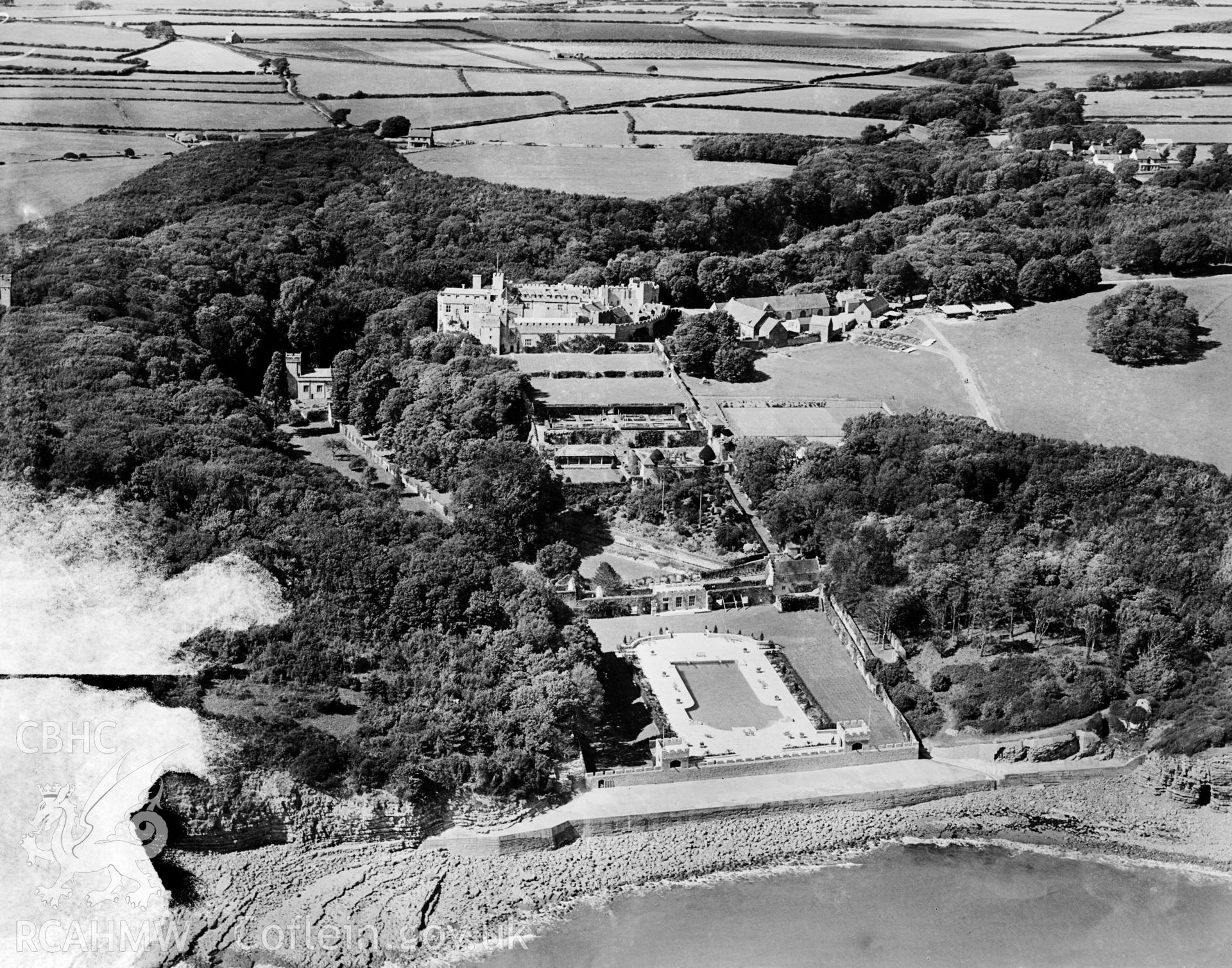 View of St Donat's Castle, commissioned by W R Hearst. Oblique aerial photograph, 5?x4? BW glass plate.