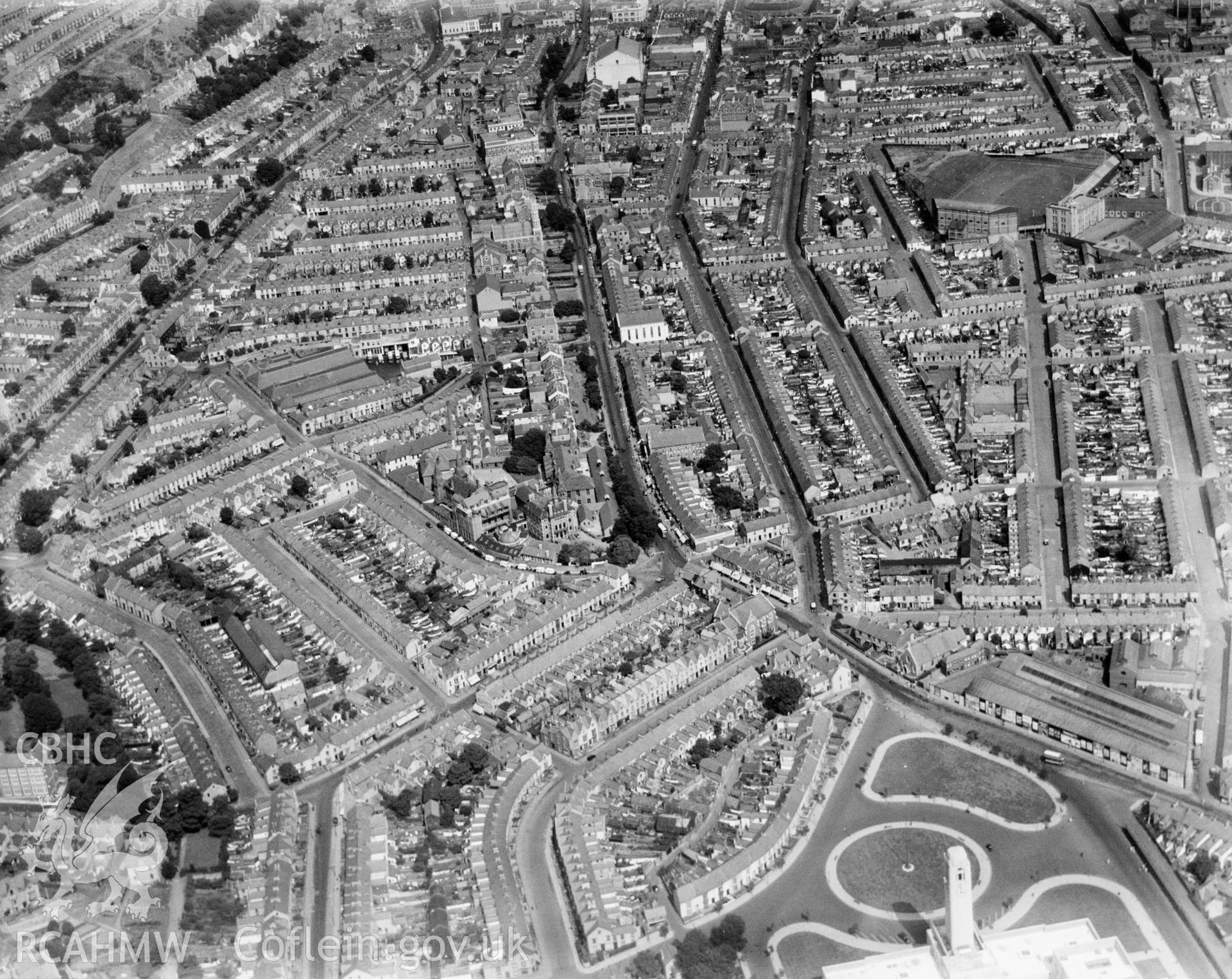 View of central Swansea showing the Hospital and Vetch Field, oblique aerial view. 5?x4? black and white glass plate negative.