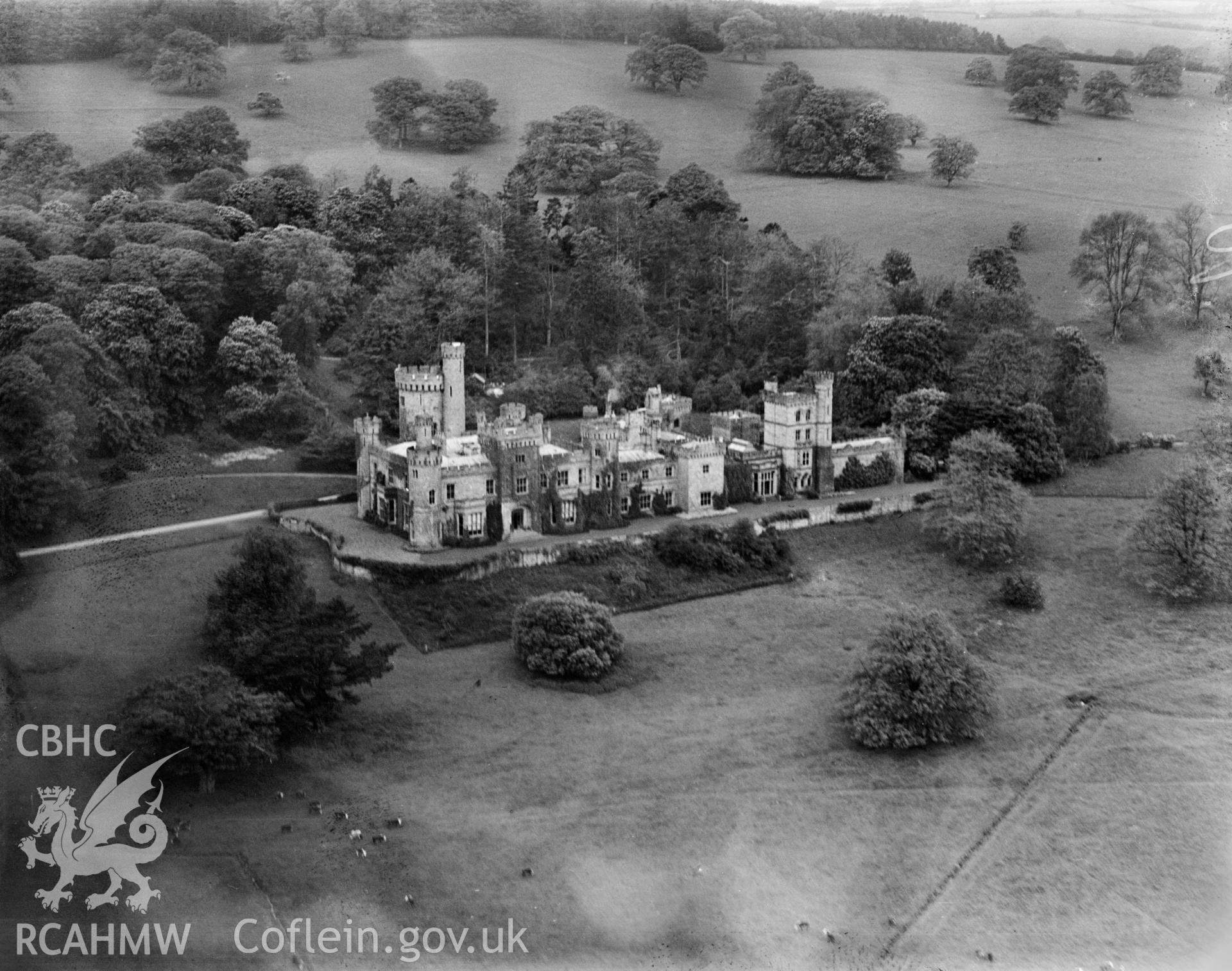 View of Maesllwch Castle, oblique aerial view. 5?x4? black and white glass plate negative.