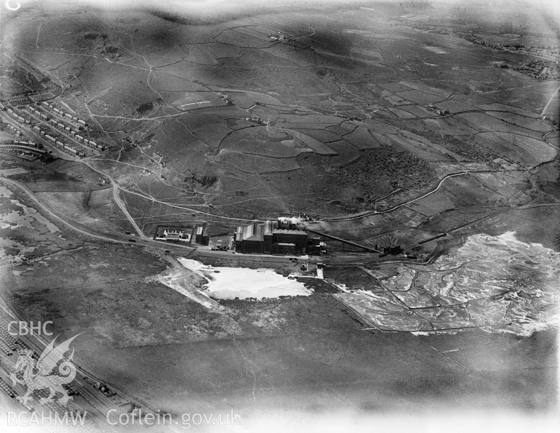 Distant view of Tir John power station, Swansea, oblique aerial view. 5?x4? black and white glass plate negative.