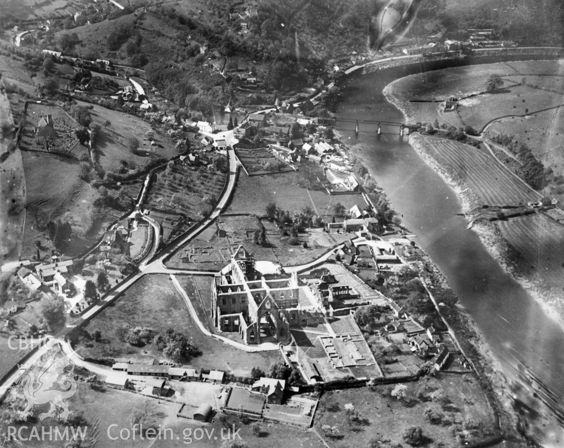 View of Chapel Hill showing Tintern Abbey and railway viaduct. Oblique aerial photograph, 5?x4? BW glass plate.