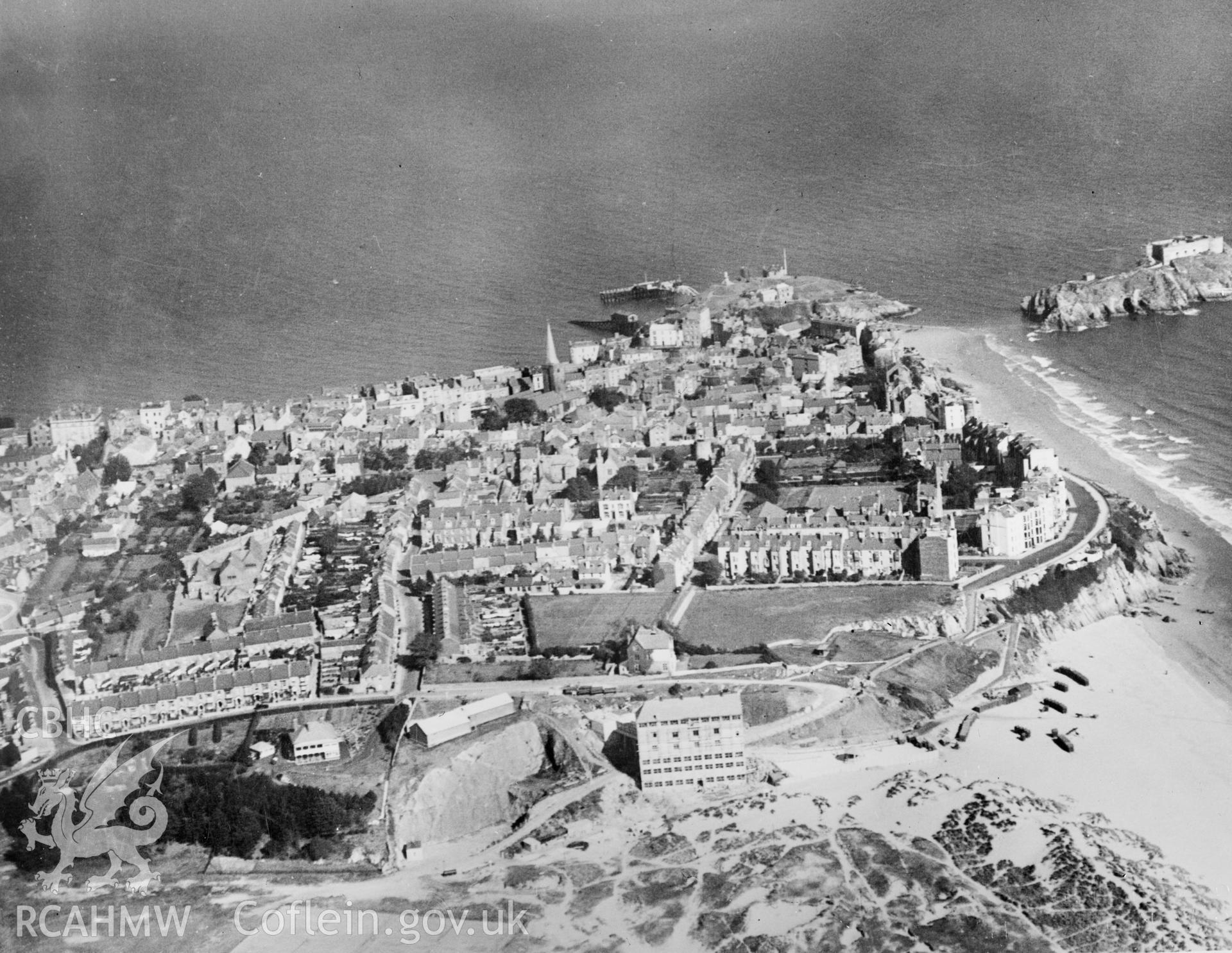 View of Tenby showing newly constructed South Beach Pavilion. Oblique aerial photograph, 5?x4? BW glass plate.